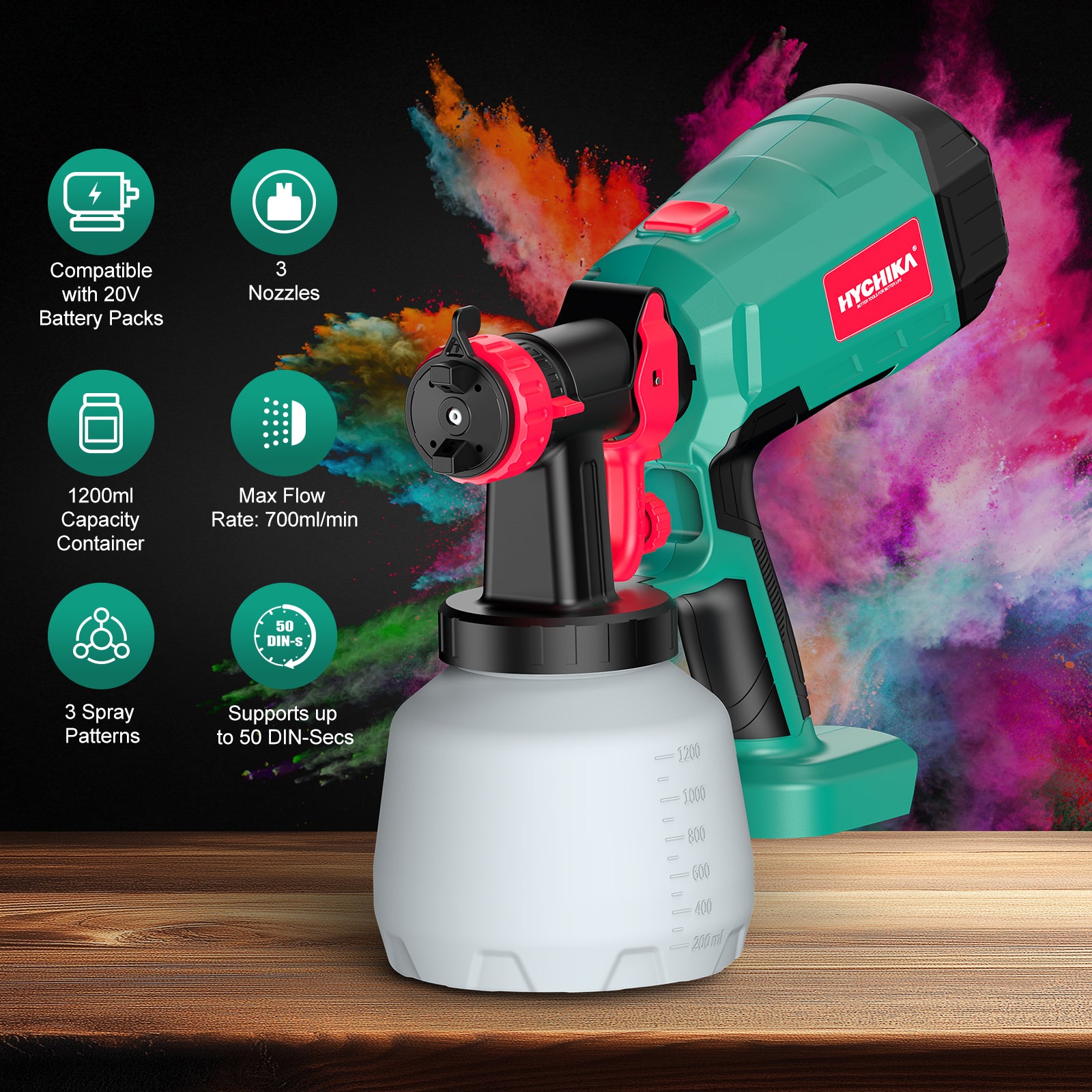HYCHIKA Cordless HVLP Paint Sprayer 600W, 1200ml, Battery Not Included