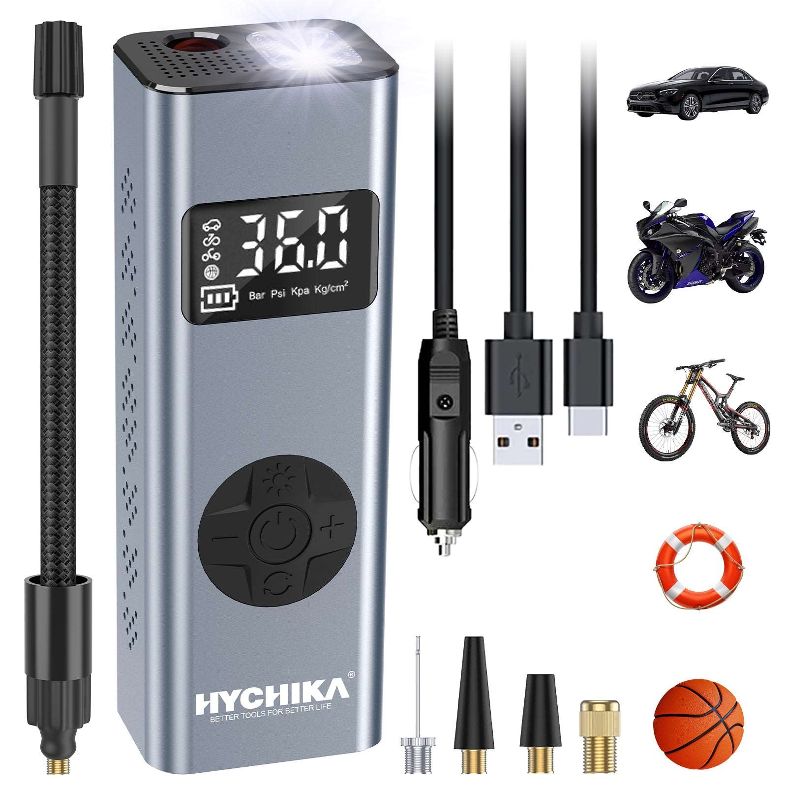 HYCHIKA 150PSI cordless tyre inflator portable air compressor with accessories