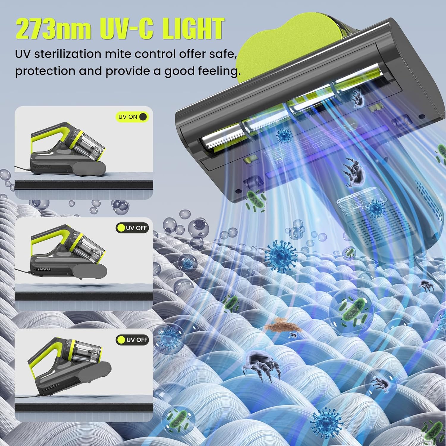 HYCHIKA Mattress Vacuum Cleaner, 16kPa UV-C Bed Vacuum with HEPA Filter