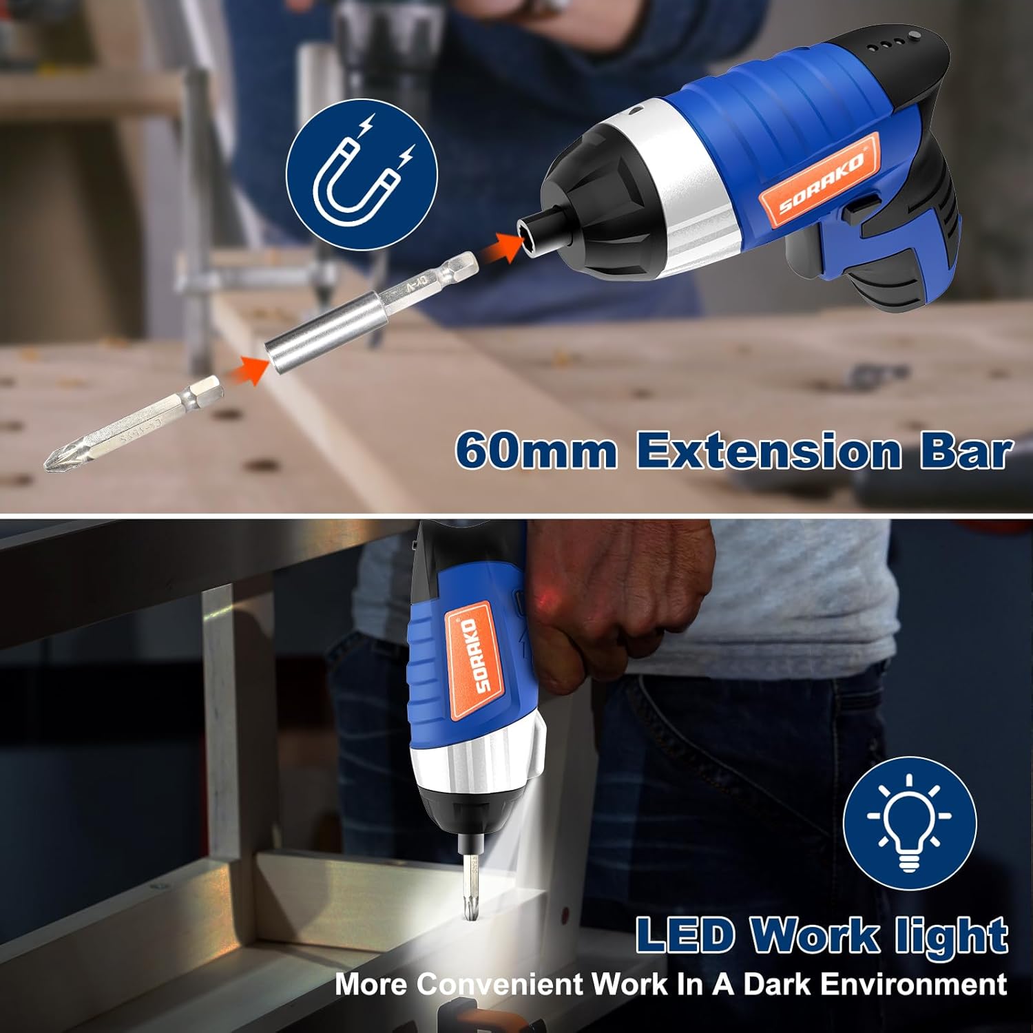 SORAKO Electric Screwdriver Cordless 6 N.m, 4.0V 1.3Ah Rechargeable Power Screwdriver with LED Light, Screw Gun with 30pcs Accessories for Home DIY, Repair