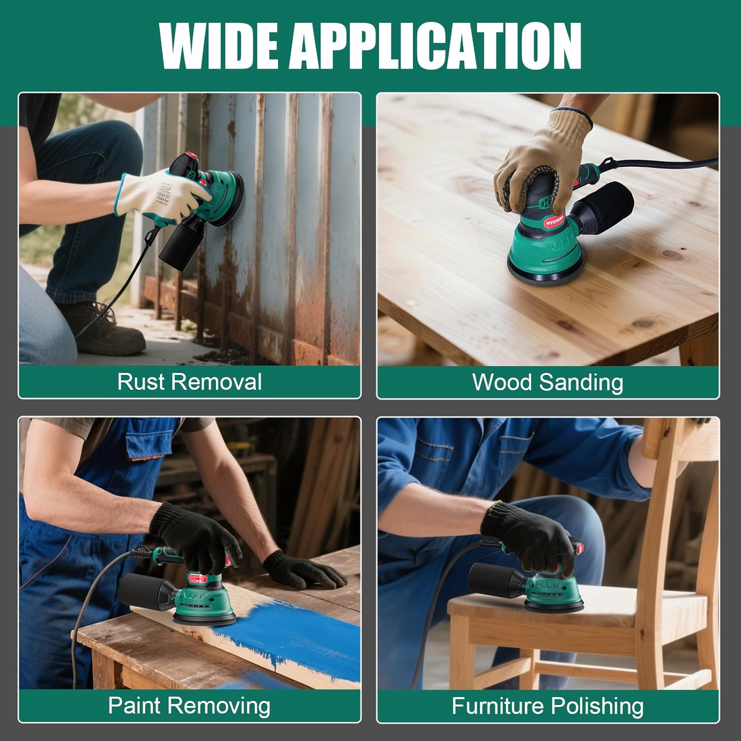 HYCHIKA Random Orbital Sander, 300W 12000OPM Orbital Sander, 6 Variable Speeds,16 Sanding Discs(125mm), with Dust Collection and Quick Braking Functionality, for Sanding and Polishing Wood