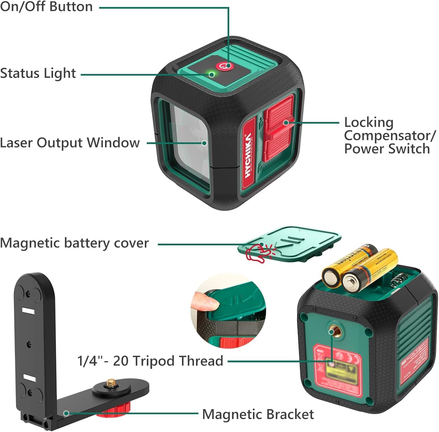 HYCHIKA Laser Level Self Leveling Green Cross Line Lasers Level Tool 50ft Measure Range