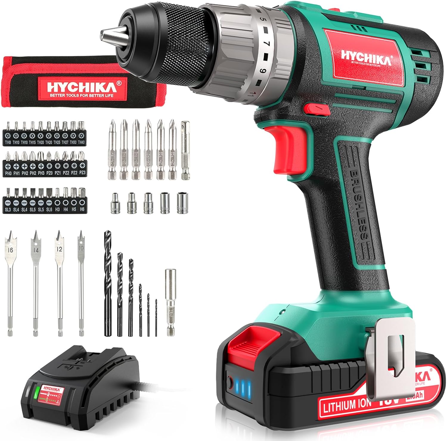 Cordless Brushless Hammer Drill Sets 18V, 60N·m Max, 2.0A Battery with 53Pcs Combi Accessories