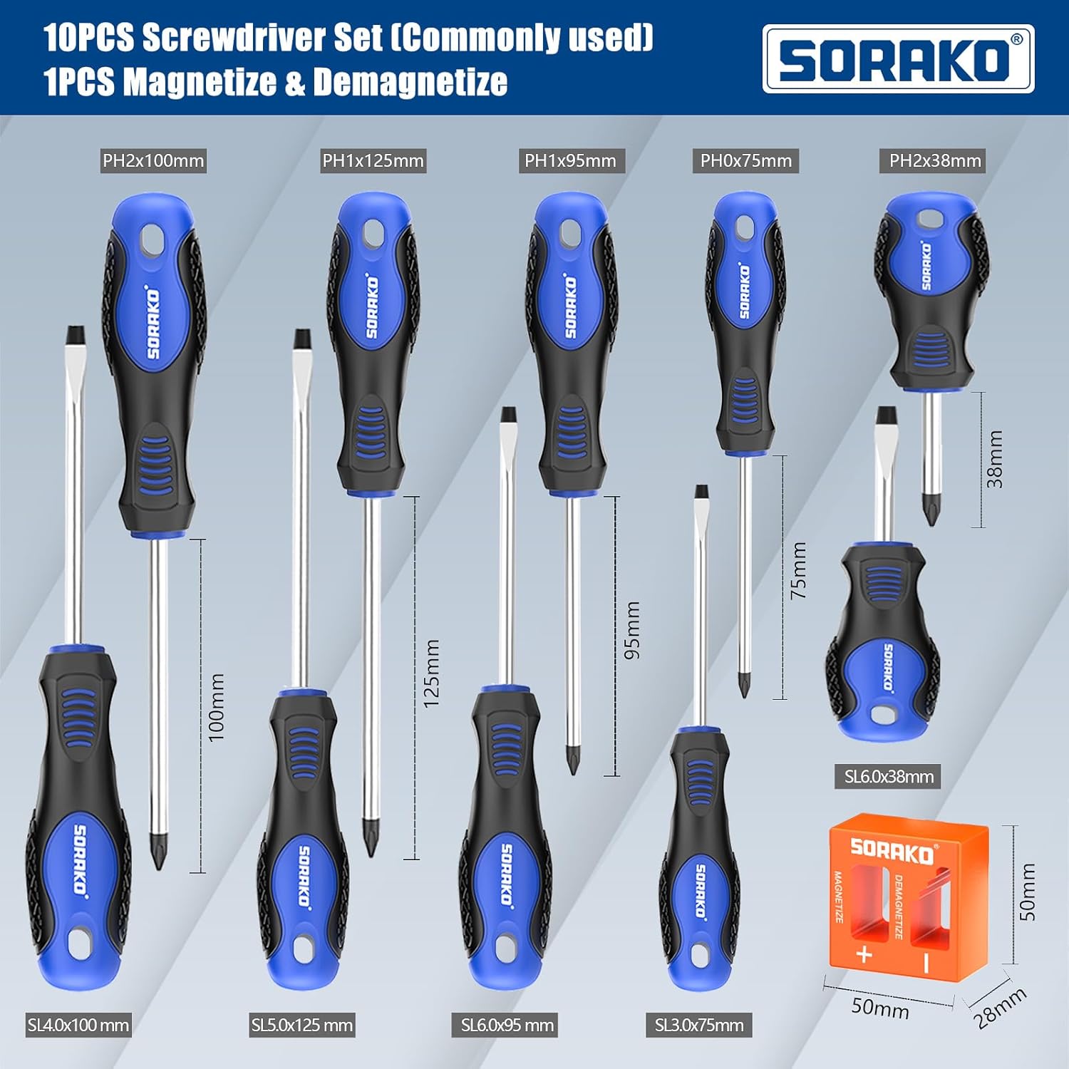 SORAKO 11 PCS Magnetic Screwdriver Set,5 Phillips Screwdrivers and 5 Flat Head Screwdrivers,Made of Heavy-Duty Chrome Vanadium Steel with 2-in-1 Magnetizer,Professional Non-Slip Handle