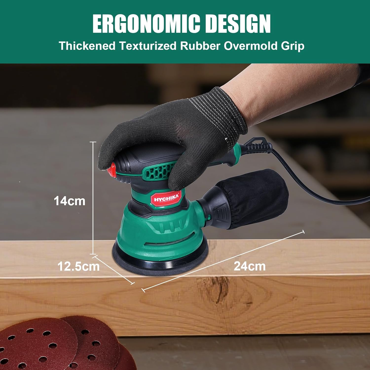HYCHIKA Random Orbital Sander, 300W 12000OPM Orbital Sander, 6 Variable Speeds,16 Sanding Discs(125mm), with Dust Collection and Quick Braking Functionality, for Sanding and Polishing Wood