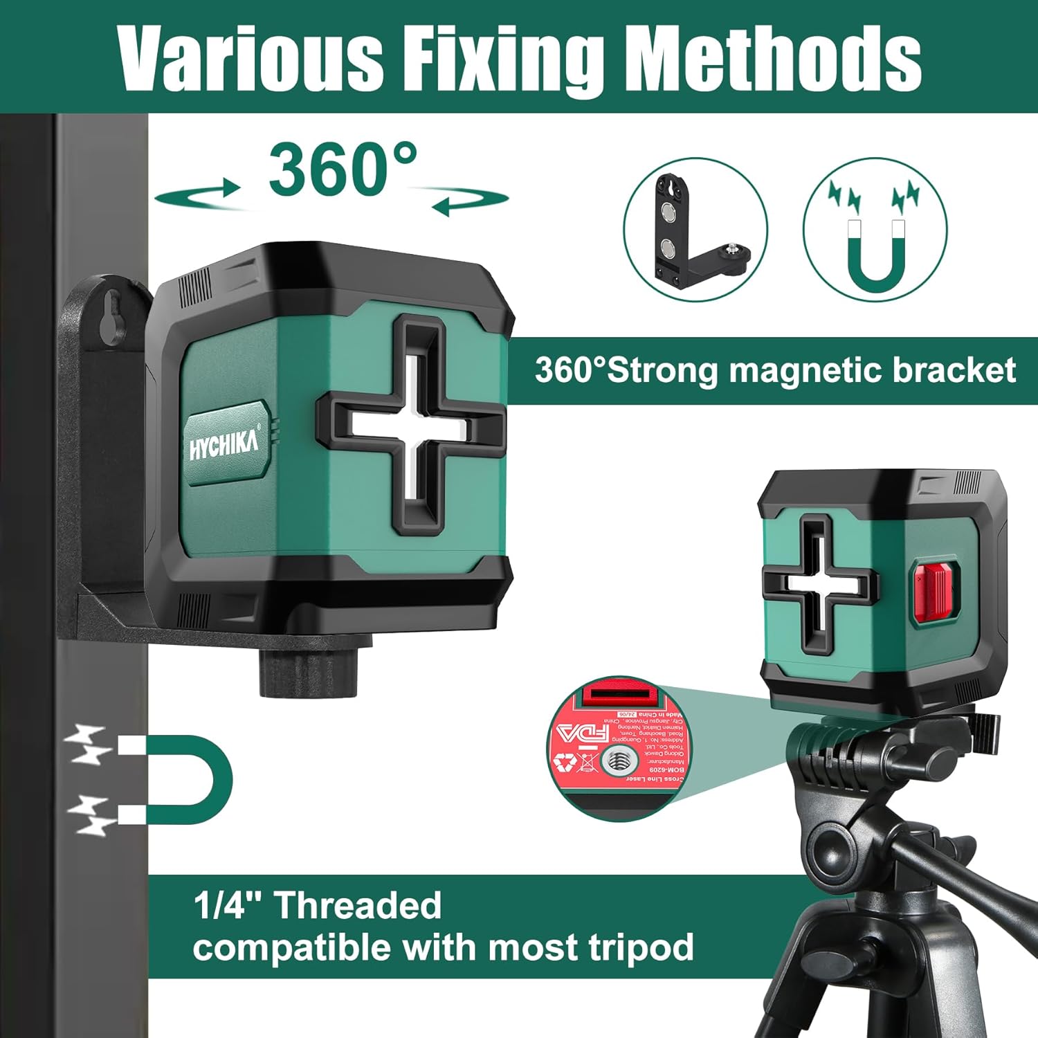 HYCHIKA Laser Level 15 M, Horizontal and Vertical Cross Line Laser, Green Laser Spirit Level 3 Levels of Brightness Adjustment