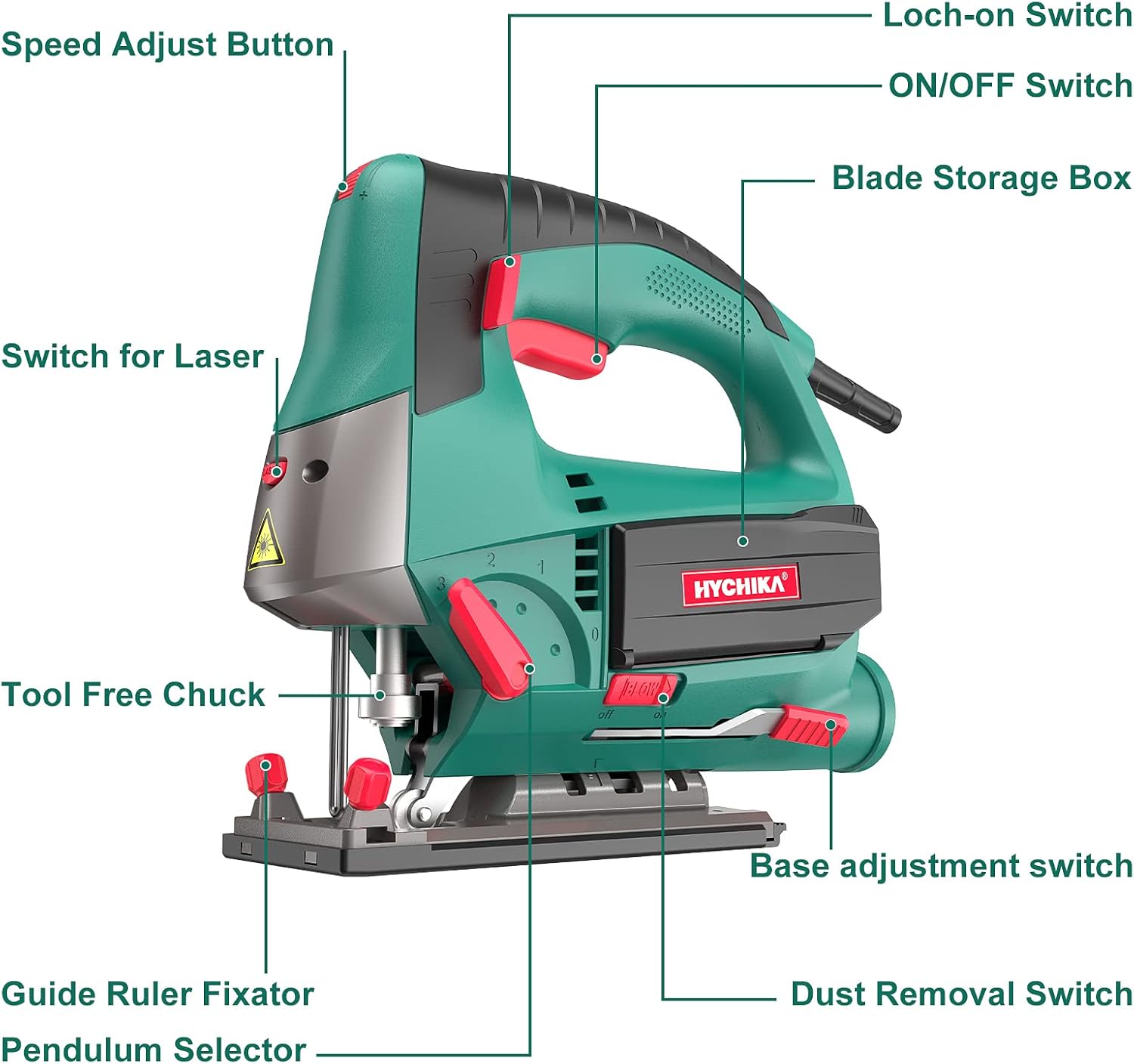 HYCHIKA Elektrische Stichsäge mit Kabel, 800 W, 6 Ampere, 800–3000 SPM, ±45°-Schrägschnitt, 230 V EU / 120 V US