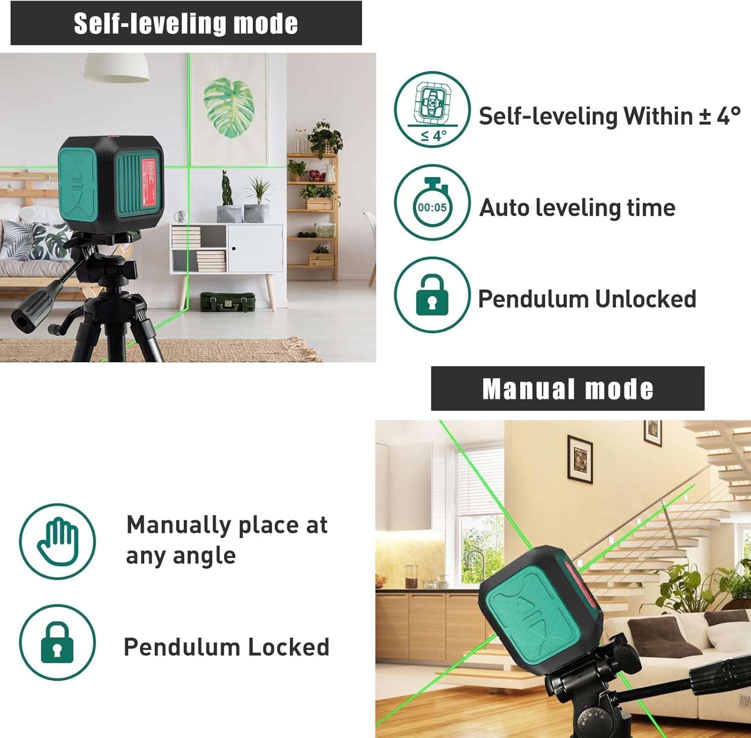 HYCHIKA Laser Level Self Leveling Green Cross Line Lasers Level Tool 50ft Measure Range