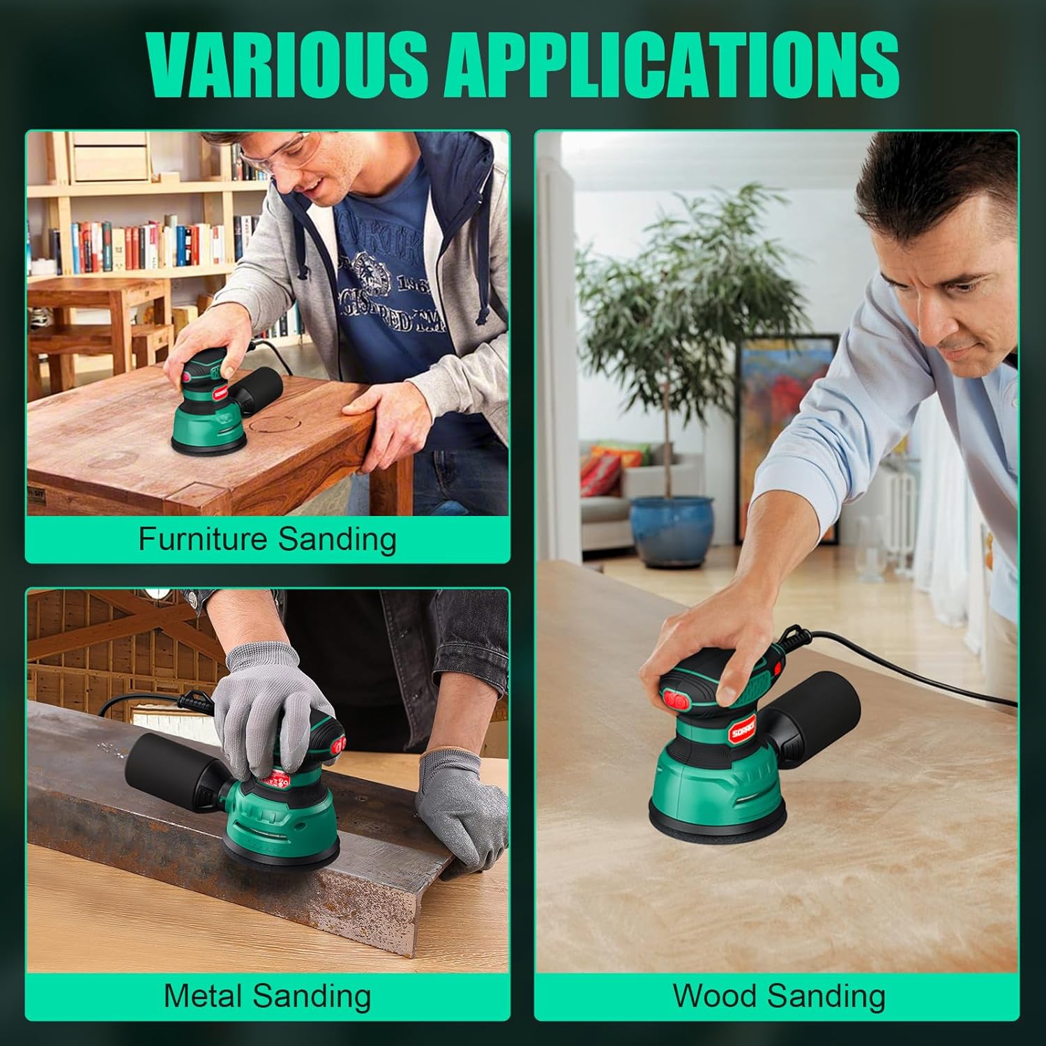 Sorako Orbital Sander 350W, 125MM Random Orbital Sander, 6 Adjustable Speeds, 16pcs Sandpaper, with Dust Collection and Quick Brake Function, for Sanding, Polishing Wood, DIY, Home Improvement