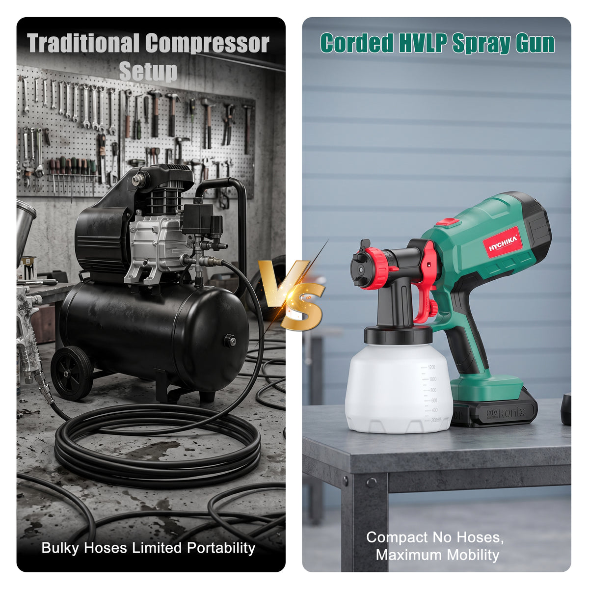 HYCHIKA Cordless HVLP Paint Sprayer 600W – Off-Road & Automotive, 1200ml, Battery Not Included