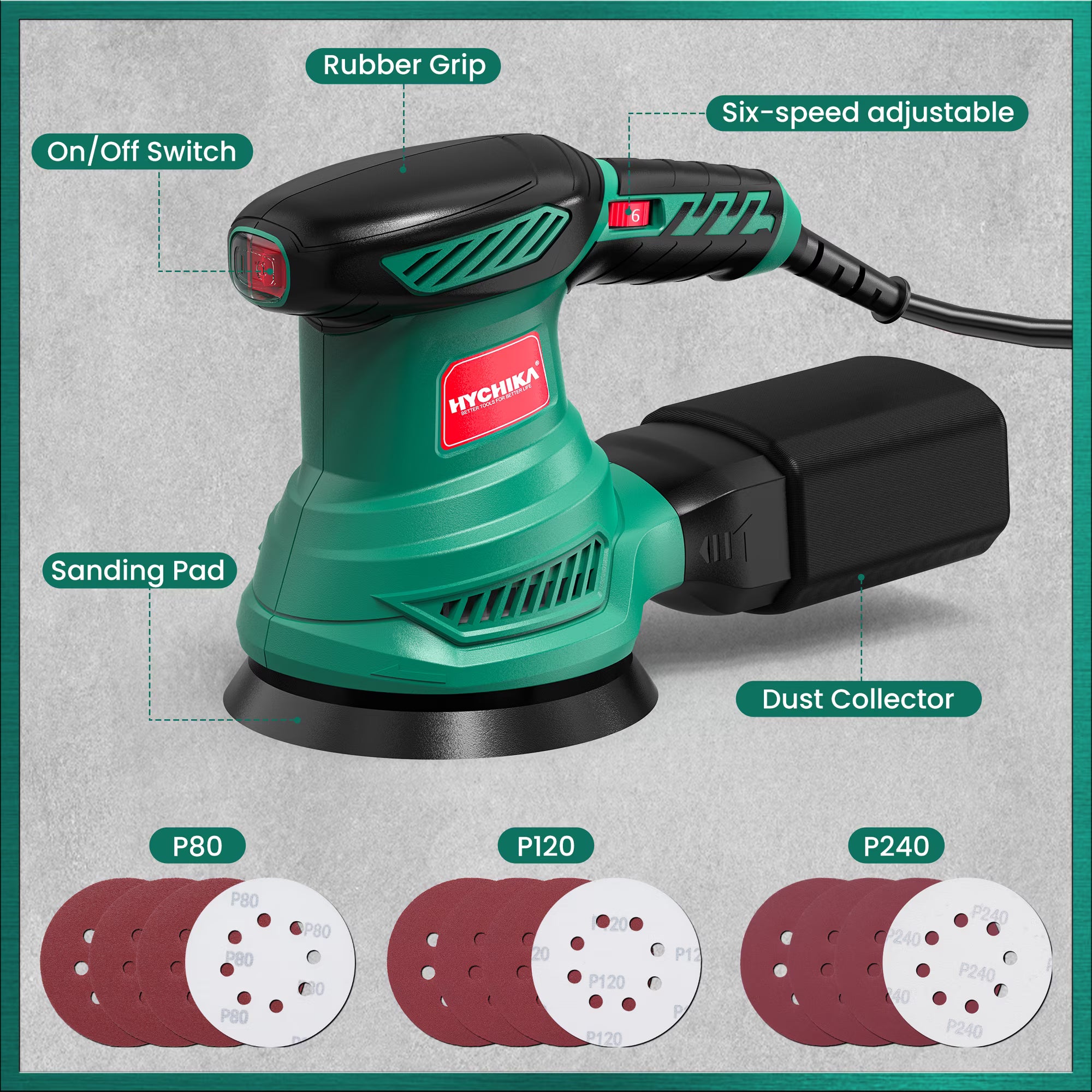 HYCHIKA 5-inch Random Orbital Sander, 13000 RPM 6-Speed with 12 Sandpapers & High Performance Dust Collection System for Wood Finishing and Polishing