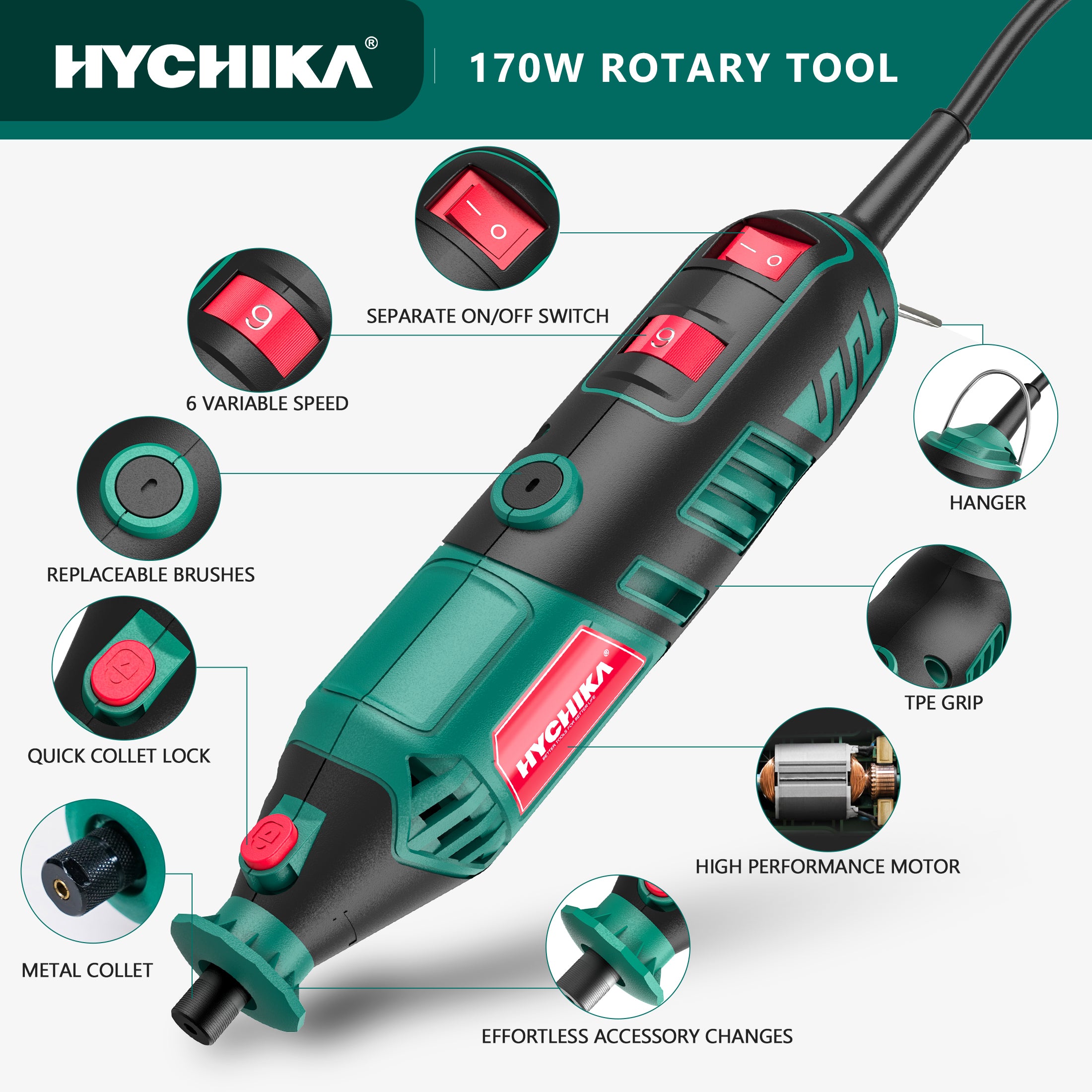 HYCHIKA 179-Piece Corded Rotary Tool Kit with Flex Shaft & Grinding Chain Bracket, 1.5-Amp Variable Speed 8000-35000 RPM, for DIY, Wood Carving, Metal Engraving and Polishing