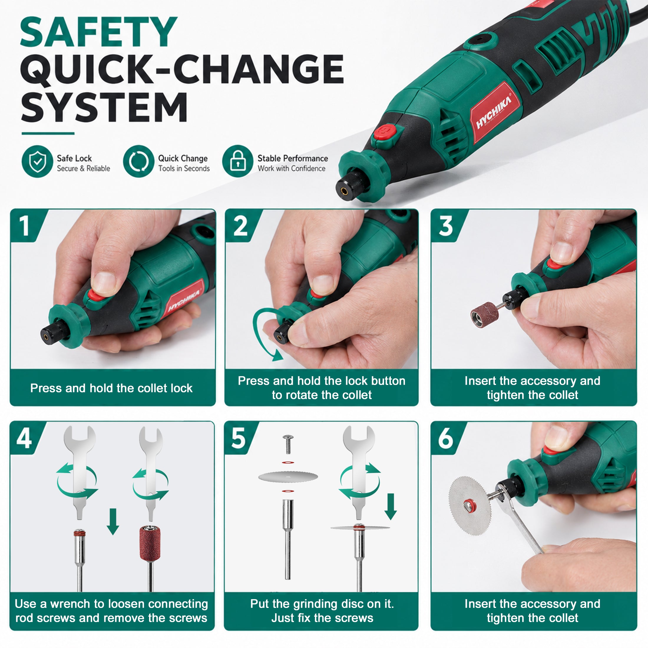 HYCHIKA 179-Piece Corded Rotary Tool Kit with Flex Shaft & Grinding Chain Bracket, 1.5-Amp Variable Speed 8000-35000 RPM, for DIY, Wood Carving, Metal Engraving and Polishing
