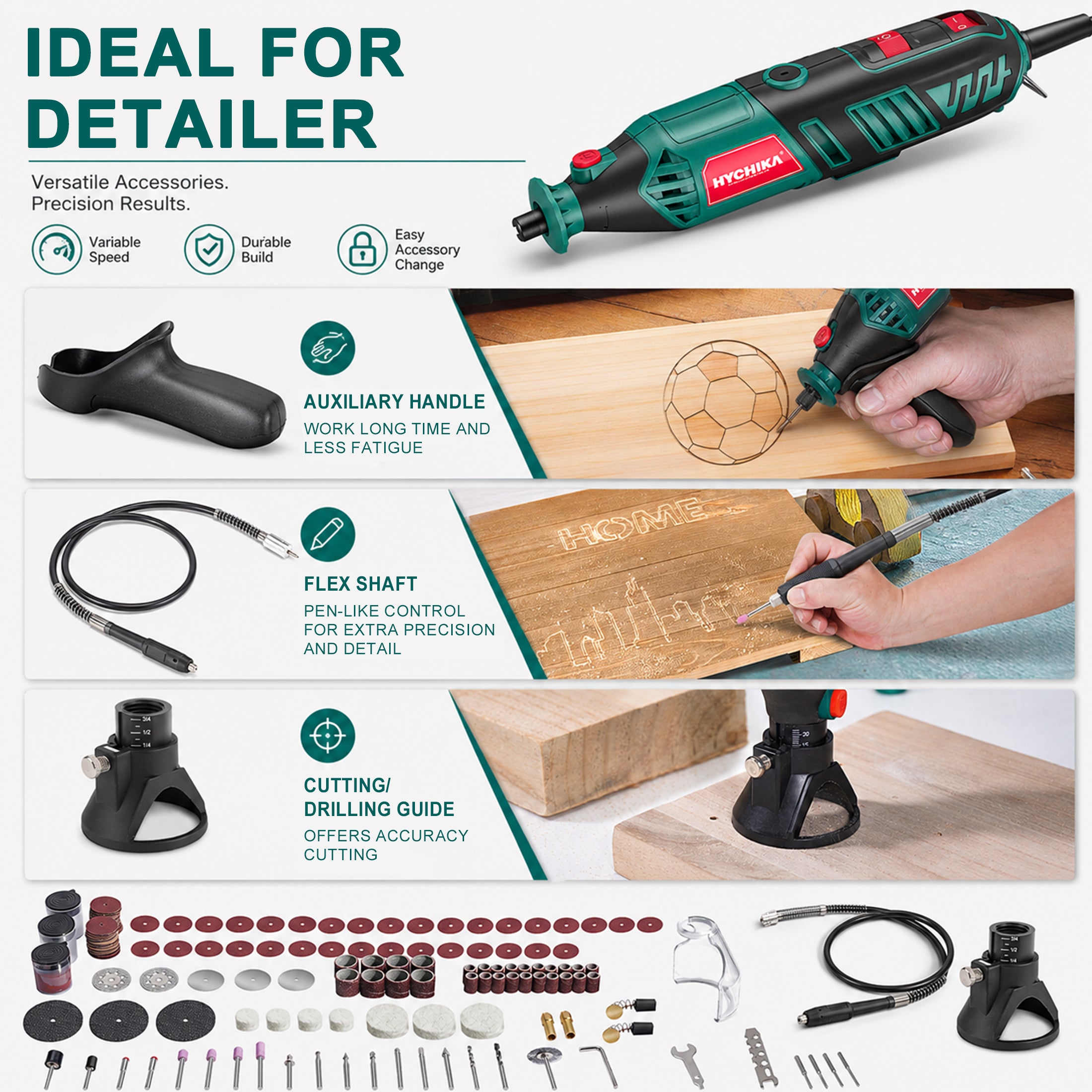 HYCHIKA 179-Piece Corded Rotary Tool Kit with Flex Shaft & Grinding Chain Bracket, 1.5-Amp Variable Speed 8000-35000 RPM, for DIY, Wood Carving, Metal Engraving and Polishing