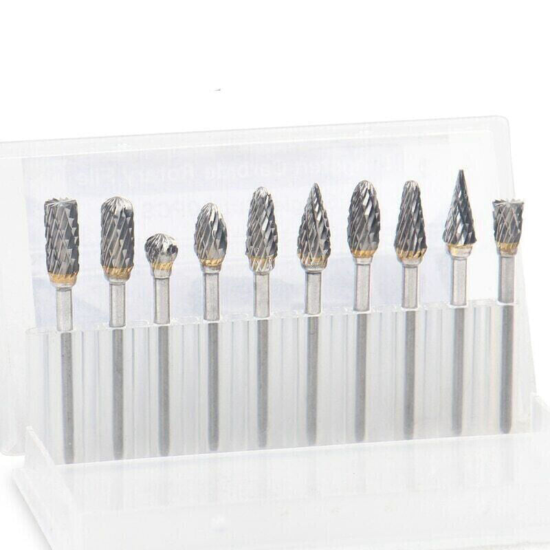 10PCS Tungsten Carbide Burr Rotary Drill 1/8'' Shank Bits Tools Cutter Files Set - HYCHIKA