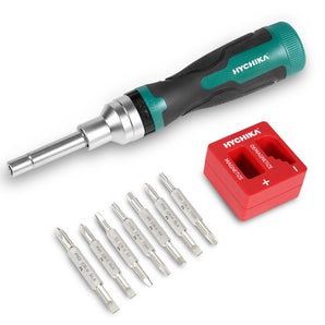 HYCHIKA 16-in-1 Ratcheting Screwdriver, All in One with Phillips, Slotted, Torx, Square, Hex bit and Double End Nut Driver