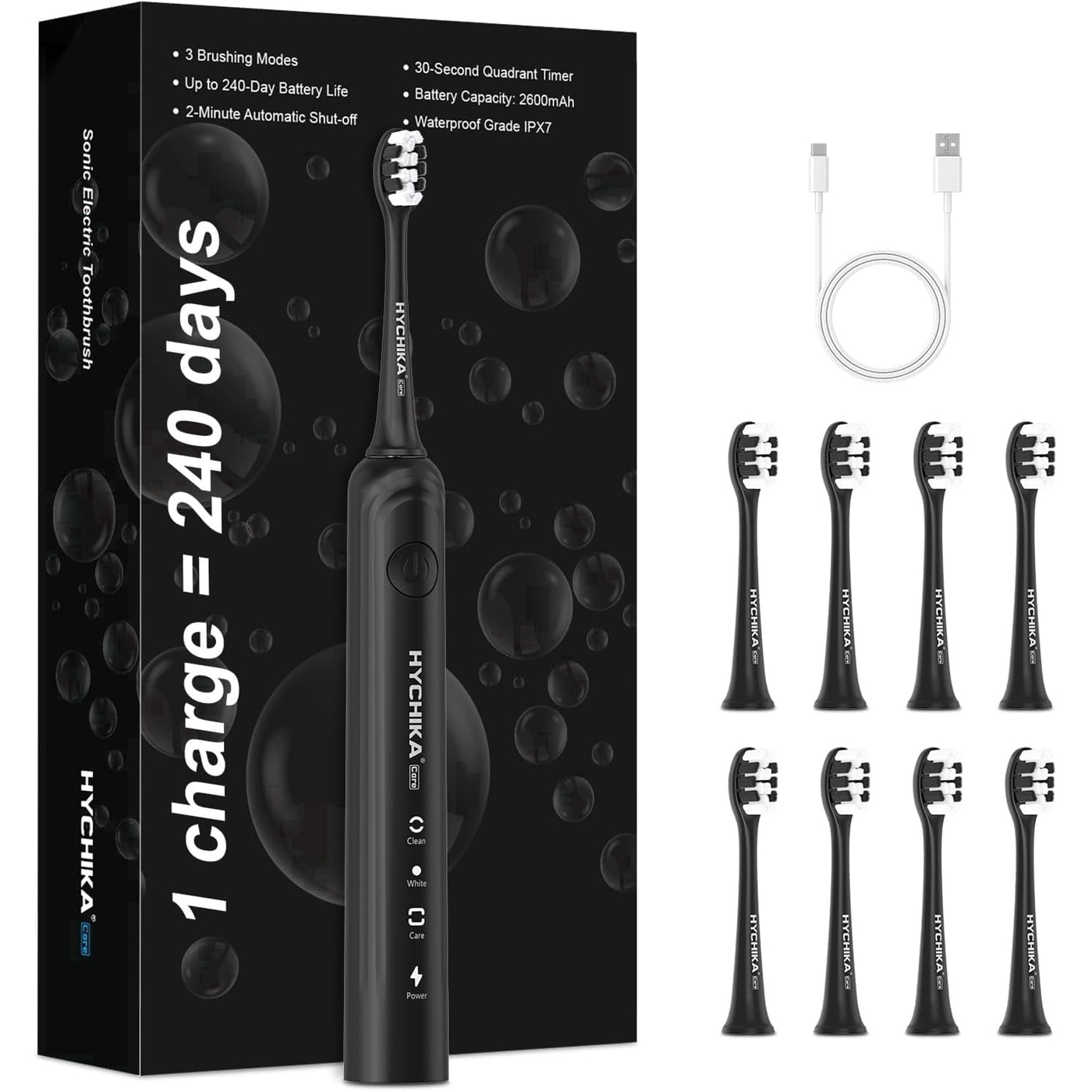 240 Days Battery Life Rechargeable Electric Toothbrush for Adults,with 2500mAH Large Capacity, 8 Pack Replacement Brushheads,3 Classic Modes,2 Min Smart Timer Battery Toothbrush,Black