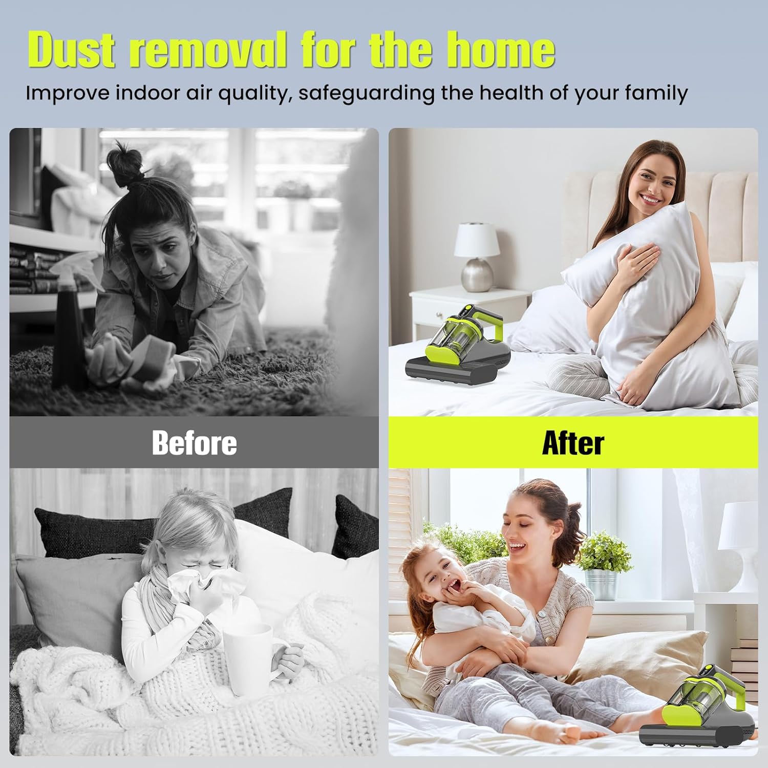 HYCHIKA 5-in-1 Mattress Vacuum Cleaner，16kPa & 36000 CPM with UV-C, Heat, Ultrasonic for Pet Hair and Debris on Bed, Sofa, Carpet