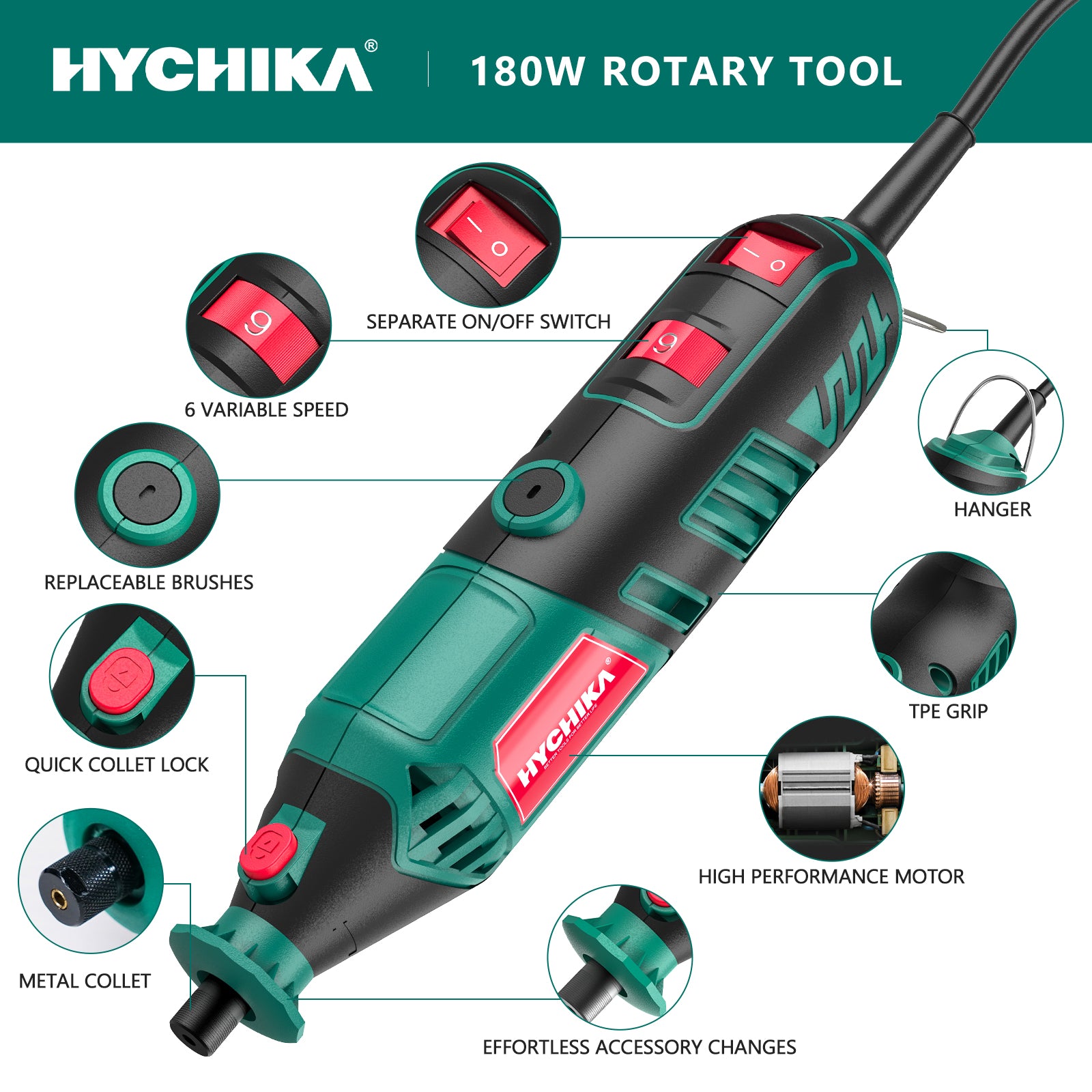 HYCHIKA 180W Rotary Tool, Variable Speed Rotary Tool Kit with Flex Shaft, 173pcs Accessories Kit & 8000-35000RPM Multi-Tool【US Only】