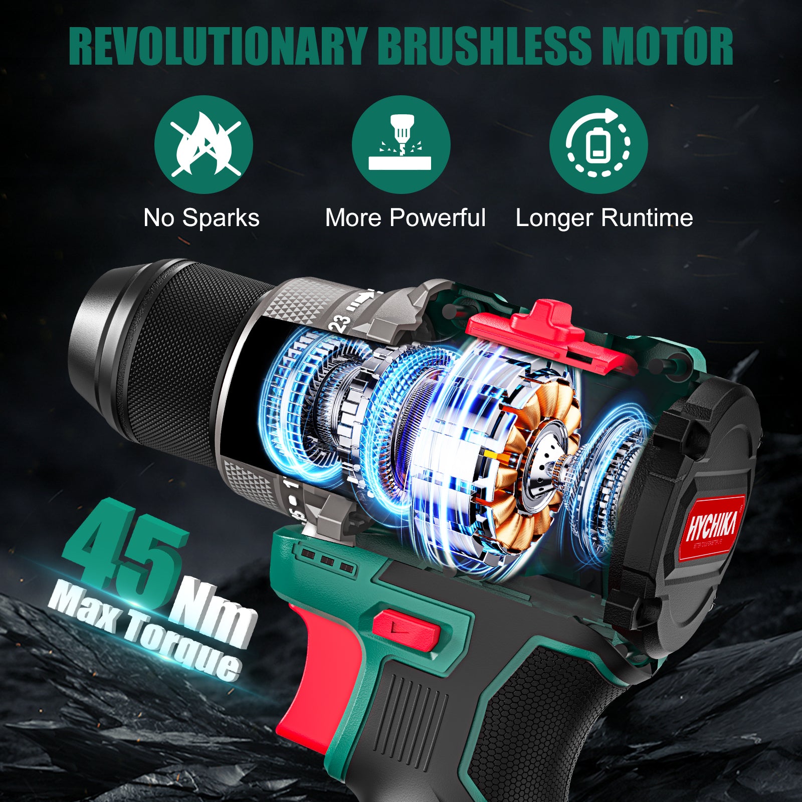 16.8V Brushless Drill Screwdriver, 45 Nm Max, 2-Speed with 23 + 1 Torque Levels, 53 Pieces Accessories, LED Light, 1500 mAh Battery