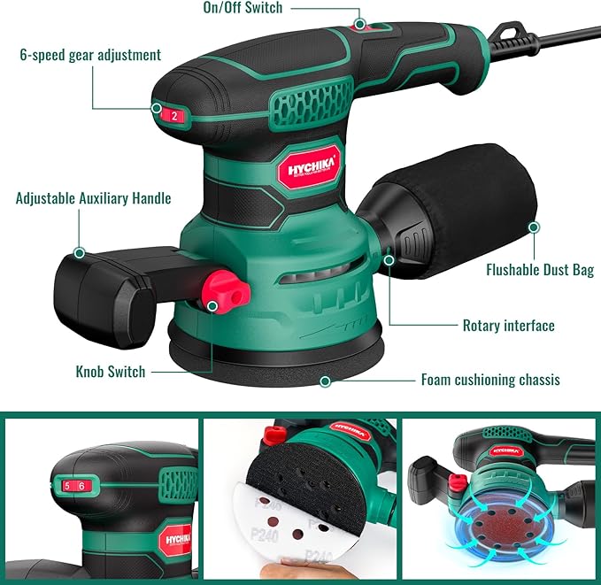 5-Inch Orbital Sander 450W with 20pcs Sandpapers, 6 Variable Speeds(US/EU)