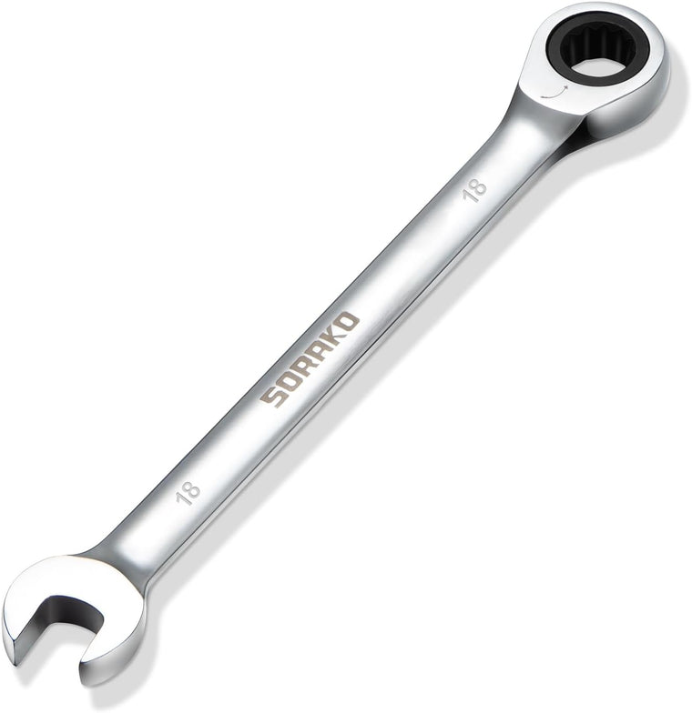 SORAKO 18mm Ratcheting Combination Wrench, Chrome Vanadium Metric Open End & Box End Wrench