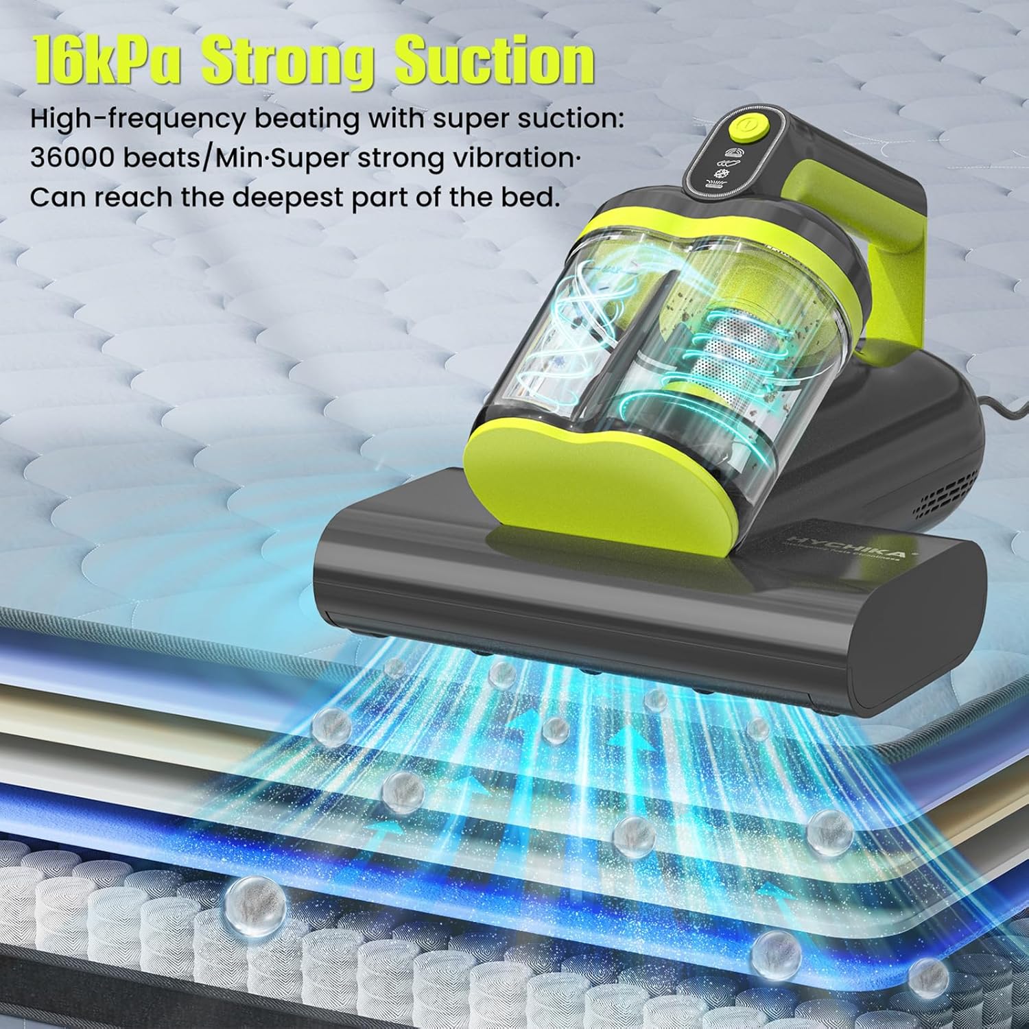 HYCHIKA 5-in-1 Mattress Vacuum Cleaner，16kPa & 36000 CPM with UV-C, Heat, Ultrasonic for Pet Hair and Debris on Bed, Sofa, Carpet