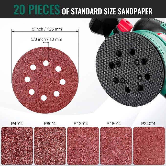 5-Inch Orbital Sander 450W with 20pcs Sandpapers, 6 Variable Speeds(US/EU)