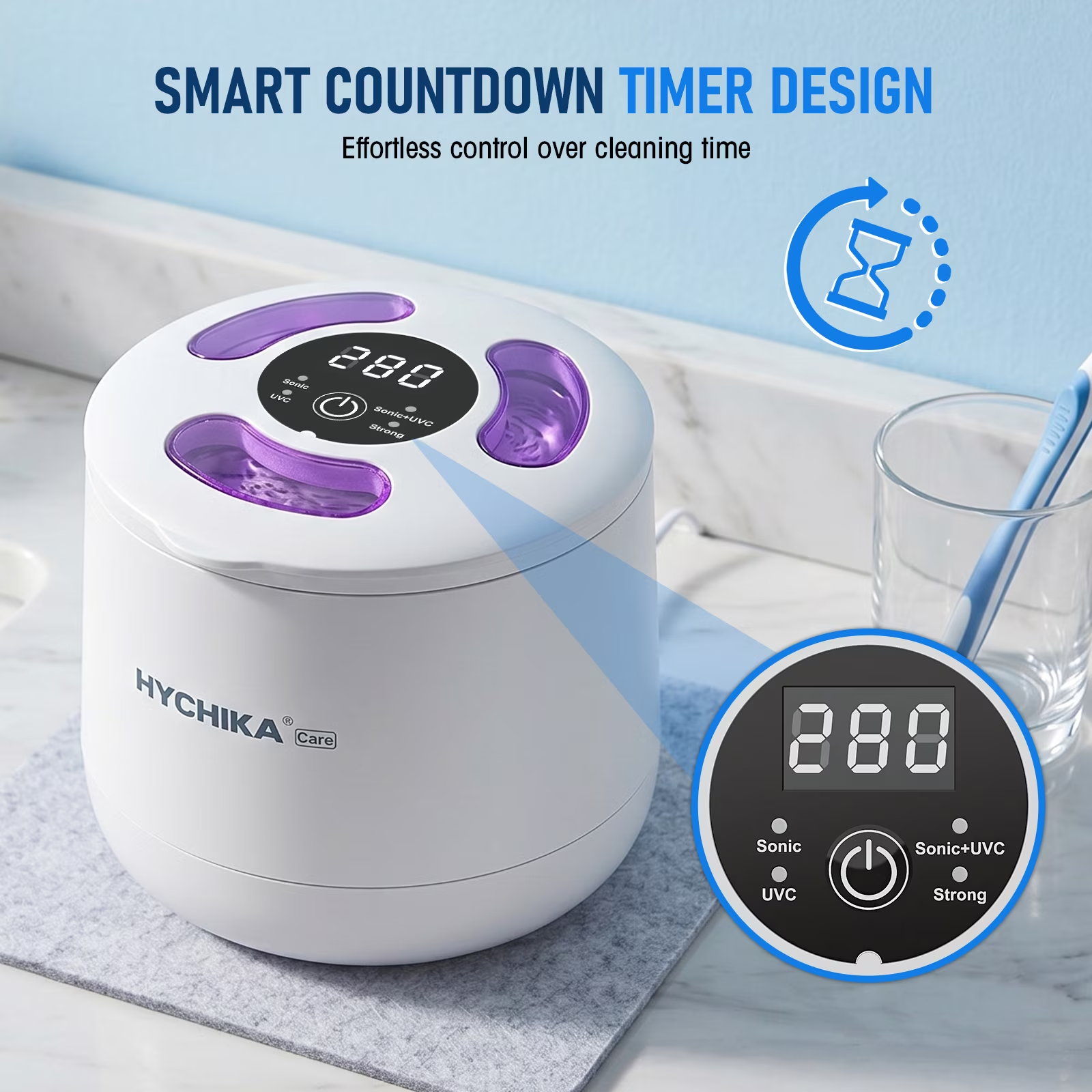 HYCHIKA Ultrasonic Retainer Cleaner Machine with UV, 4 Modes, 45kHz, for Retainers, Night Guards, Dentures, 200 mL, 1-Count