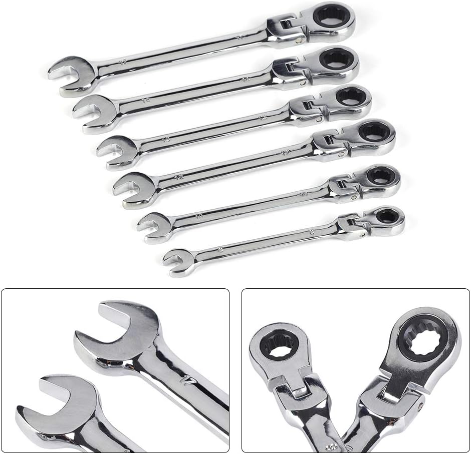 6 Pcs Flexible Ratchet Spanner Set, Flexible Head Multi-Functional Ratchet Conination Spanner Wrench 8-17mm Repair Tools Set