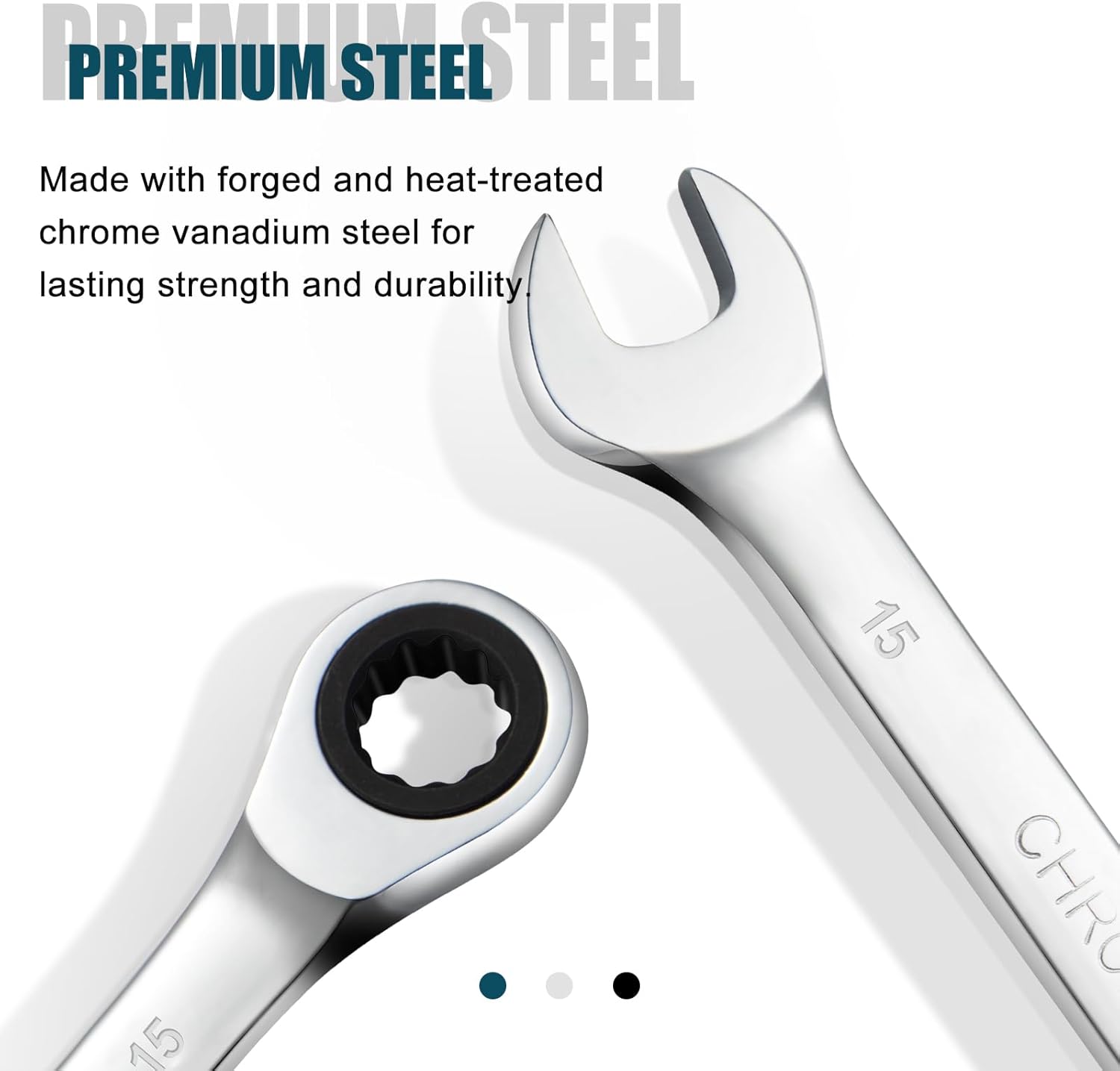 SORAKO 15mm Ratcheting Combination Wrench, Chrome Vanadium Steel Gear Wrench, Industrial Grade Cr-V Steel Gear Spanner