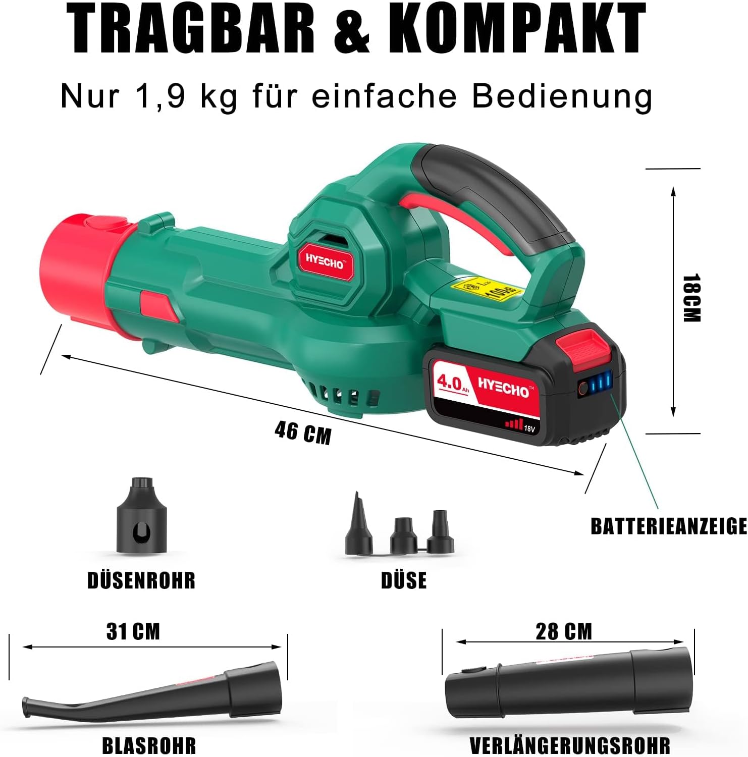 Leaf Blower, 223 km/h Leaf Blower Battery 18 V 4.0 Ah, with 3 Inflation Nozzles, Ergonomic, Operating Weight 1.93 kg for Cleaning Leaves, for Removing Dust