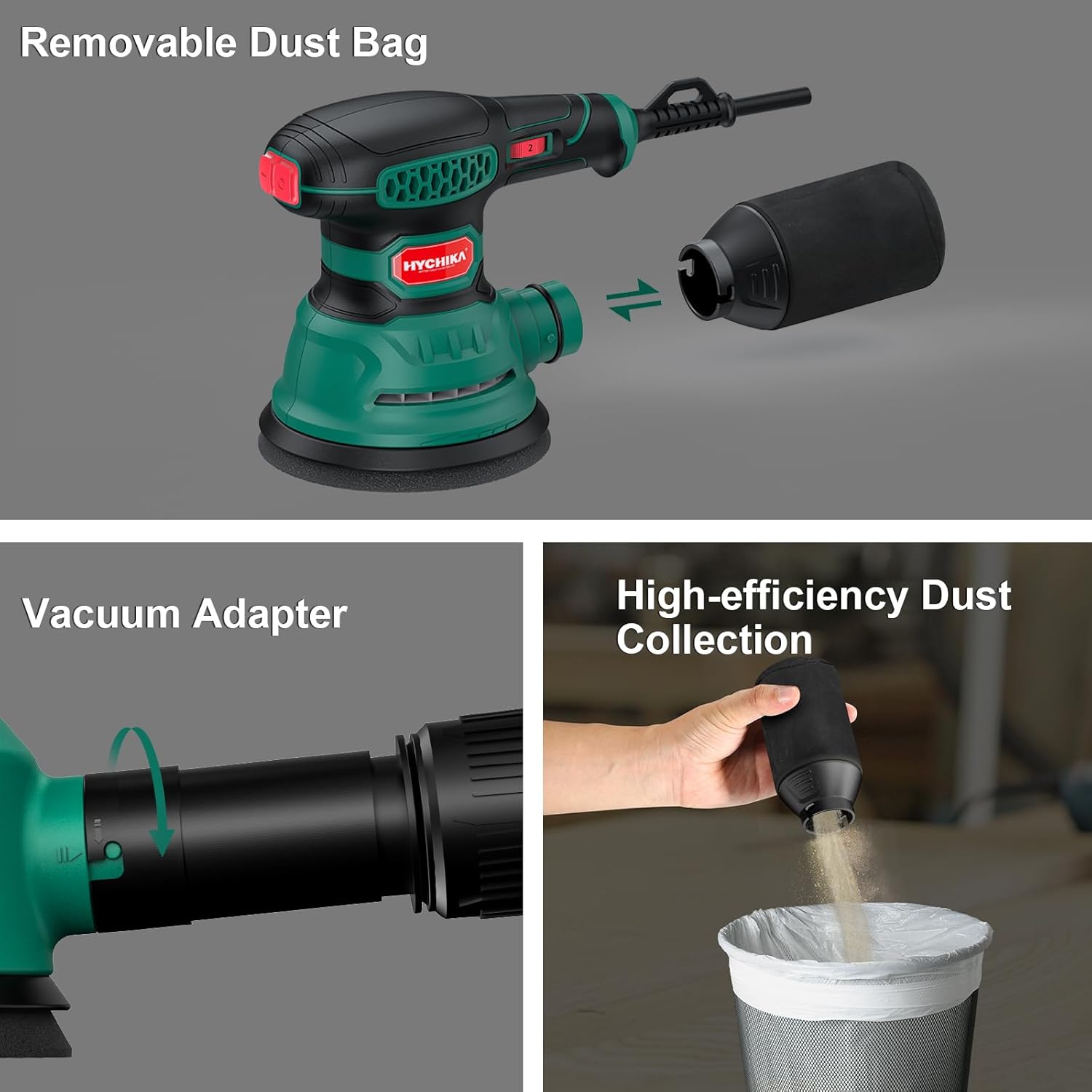 HYCHIKA Random Orbital Sander, 300W 12000OPM Orbital Sander, 6 Variable Speeds,16 Sanding Discs(125mm), with Dust Collection and Quick Braking Functionality, for Sanding and Polishing Wood