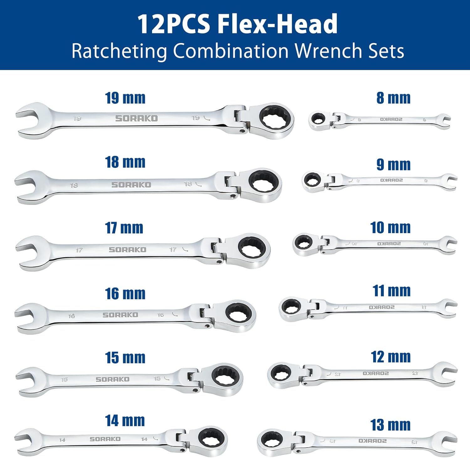 SORAKO Ratchet Spanner Set 12pcs, Flexible Combination Wrench 8-19 mm, Flex-Head Spanner Sets Combination Spanner in Roll Bag for Car Repairing, Industrial Maintenance, SRW12H2, Chrome