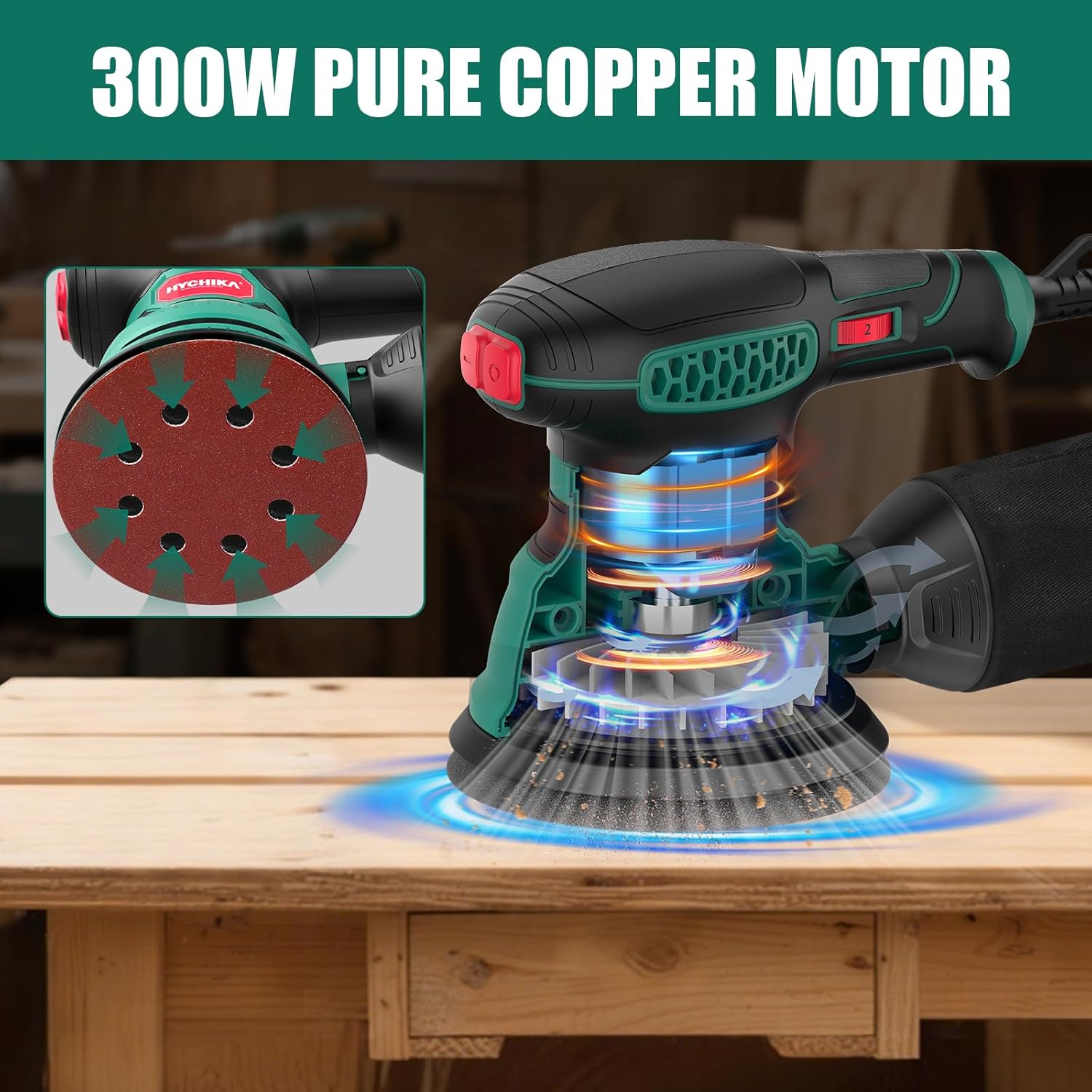 HYCHIKA Random Orbital Sander, 300W 12000OPM Orbital Sander, 6 Variable Speeds,16 Sanding Discs(125mm), with Dust Collection and Quick Braking Functionality, for Sanding and Polishing Wood