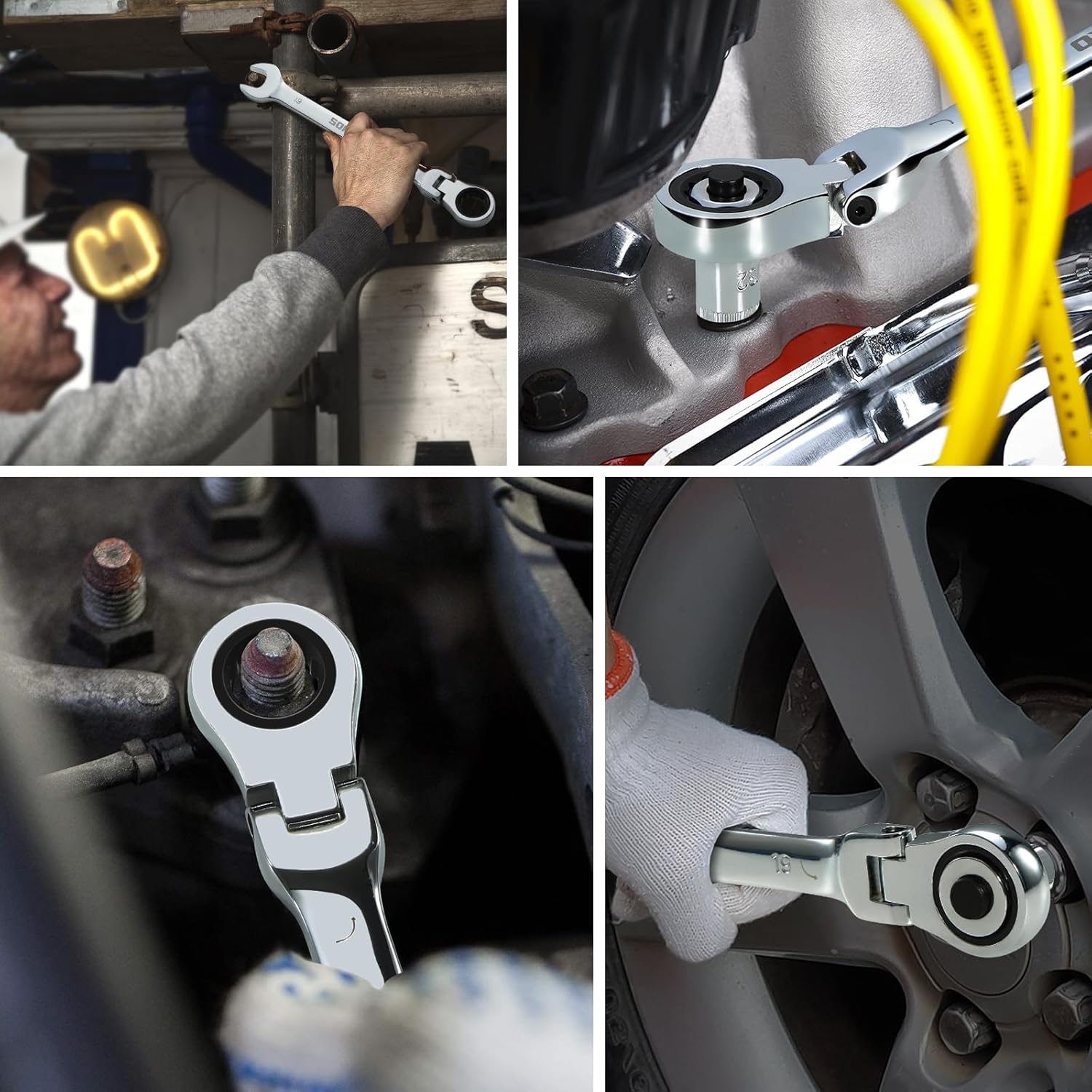 SORAKO Ratchet Spanner Set 12pcs, Flexible Combination Wrench 8-19 mm, Flex-Head Spanner Sets Combination Spanner in Roll Bag for Car Repairing, Industrial Maintenance, SRW12H2, Chrome