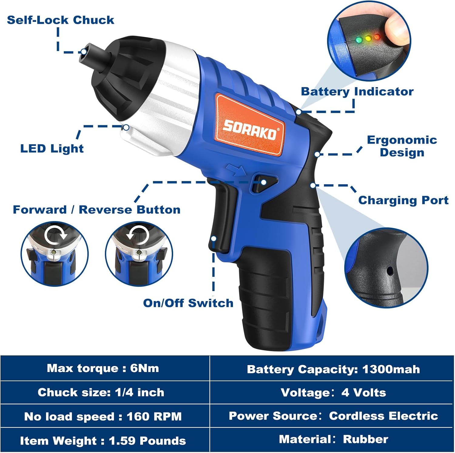 SORAKO Electric Screwdriver Cordless 6 N.m, 4.0V 1.3Ah Rechargeable Power Screwdriver with LED Light, Screw Gun with 30pcs Accessories for Home DIY, Repair