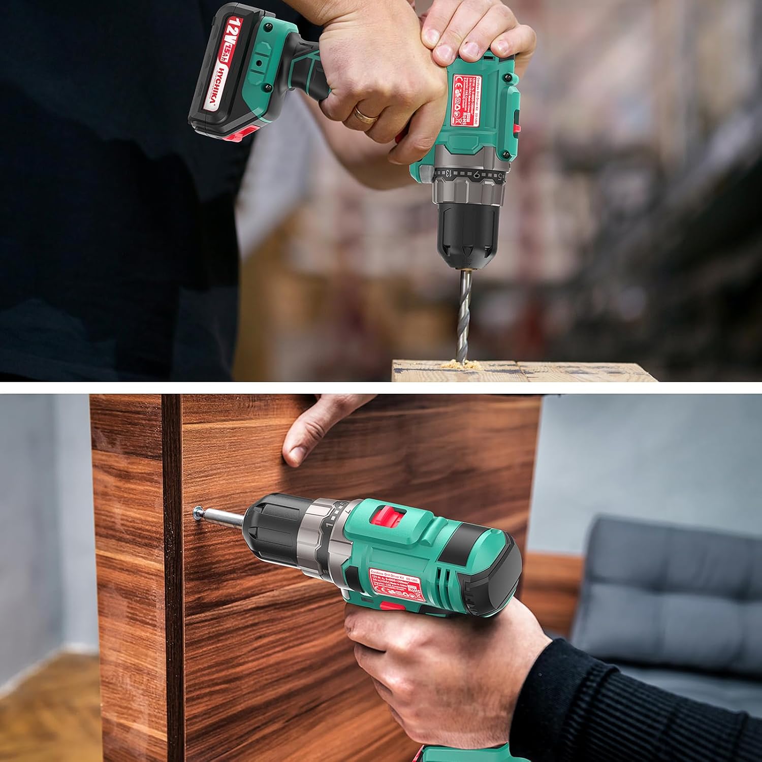 HYCHIKA DIY Tool Box Filled Professional with Battery Drill 30 Nm + 104 Pieces High-Quality Household Universal Tool Set + Practical Tool Box Packaging for Repairs and Maintenance