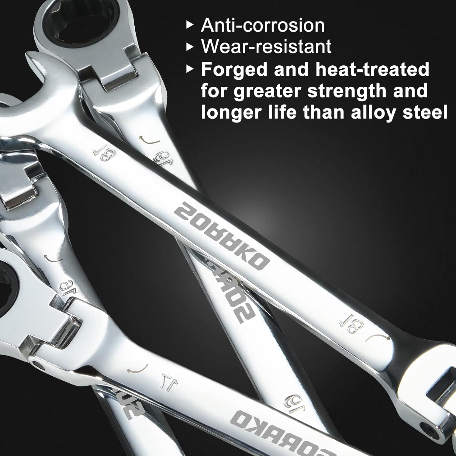 SORAKO Ratchet Spanner Set 12pcs, Flexible Combination Wrench 8-19 mm, Flex-Head Spanner Sets Combination Spanner in Roll Bag for Car Repairing, Industrial Maintenance, SRW12H2, Chrome