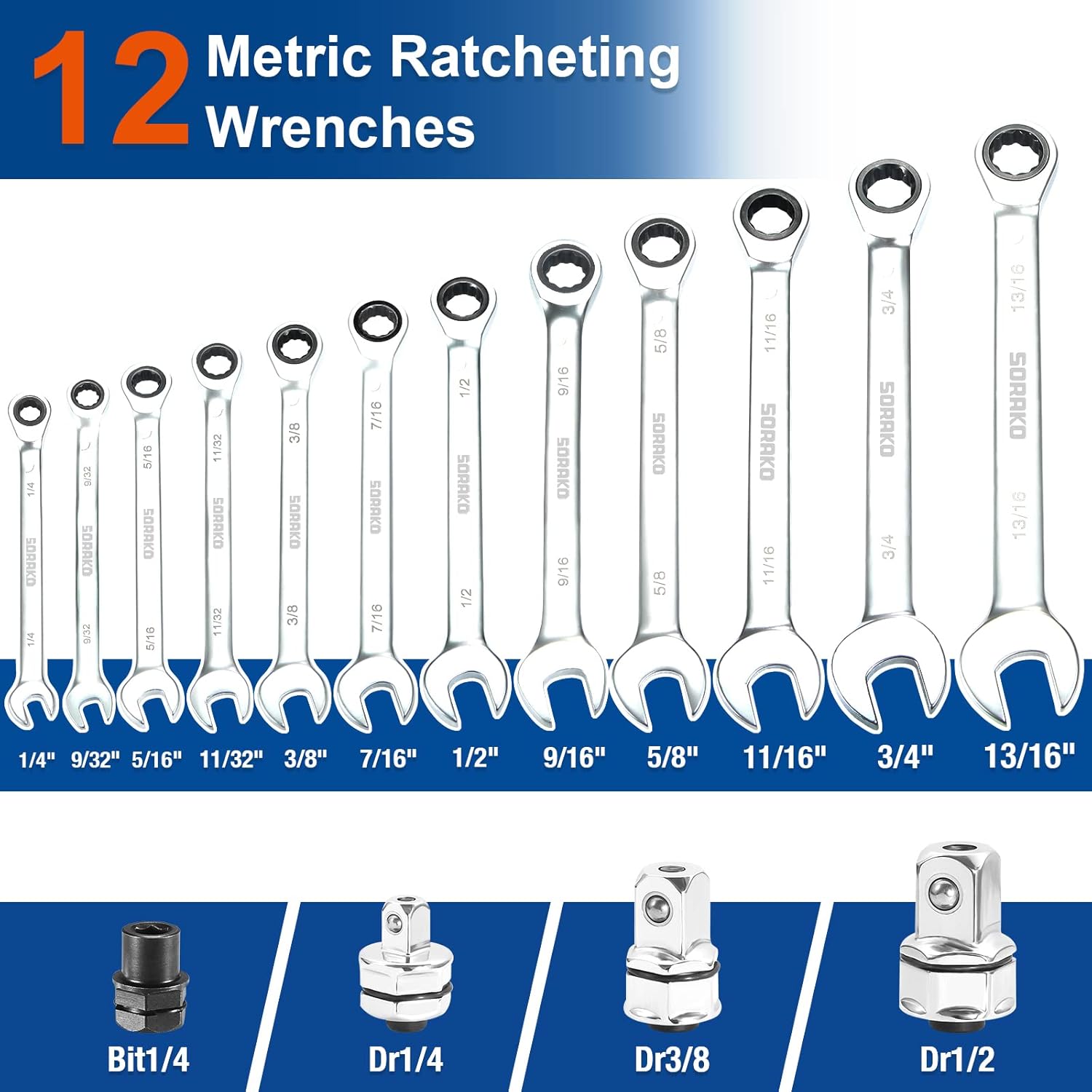SORAKO Ratcheting Combination Wrench Cr-V Steel (12-Pcs)