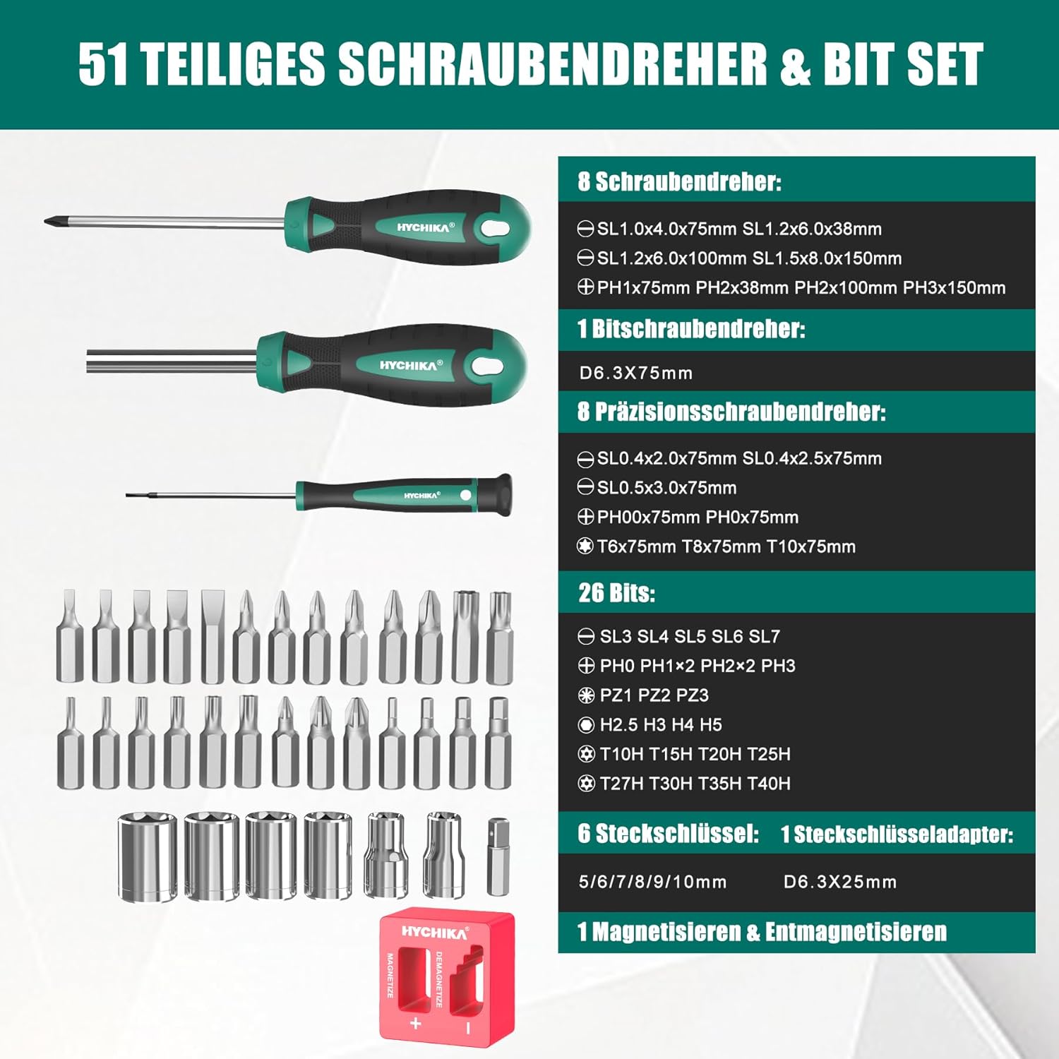 HYCHIKA Screwdriver Set, 51 Pieces Screwdriver Set, Including Cross Screwdriver Flat Screwdriver and Precision Screwdriver, Suitable for DIY, Maintenance Furniture, Computer, Toys