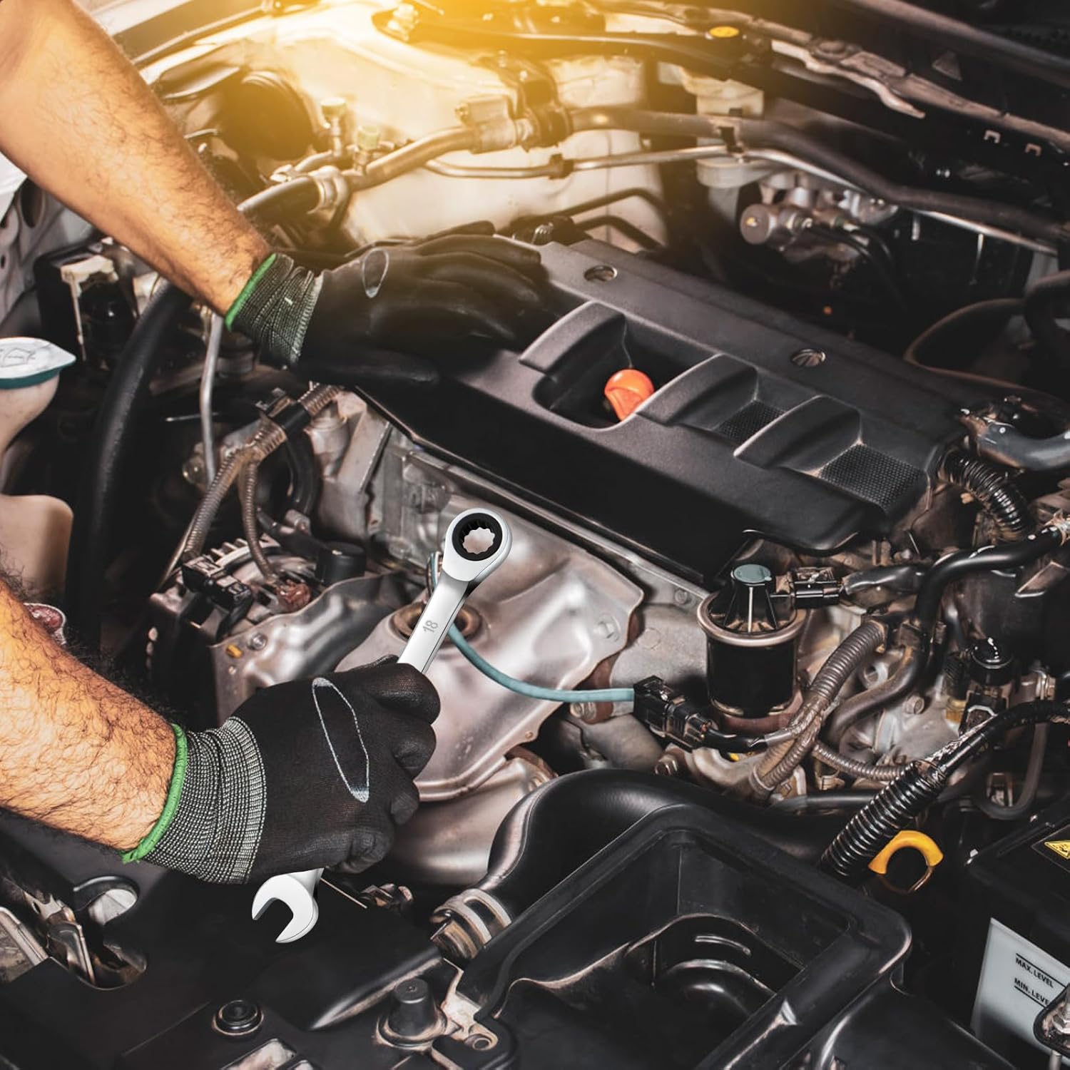 SORAKO 18mm Ratcheting Combination Wrench, Chrome Vanadium Steel Gear Wrench, Industrial Grade Cr-V Steel Gear Spanner, Household Garage Tools(Metric)