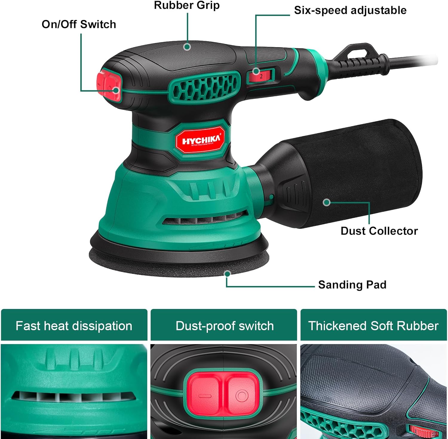 HYCHIKA Random Orbital Sander, 300W 12000OPM Orbital Sander, 6 Variable Speeds,16 Sanding Discs(125mm), with Dust Collection and Quick Braking Functionality, for Sanding and Polishing Wood