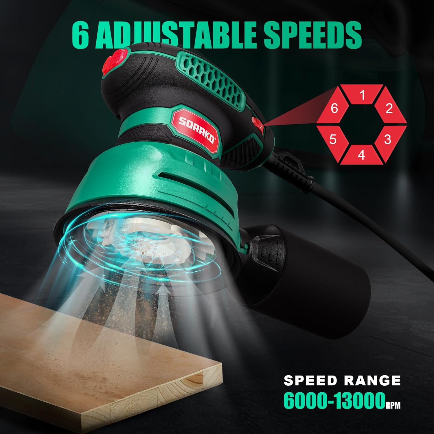 Sorako Orbital Sander 350W, 125MM Random Orbital Sander, 6 Adjustable Speeds, 16pcs Sandpaper, with Dust Collection and Quick Brake Function, for Sanding, Polishing Wood, DIY, Home Improvement