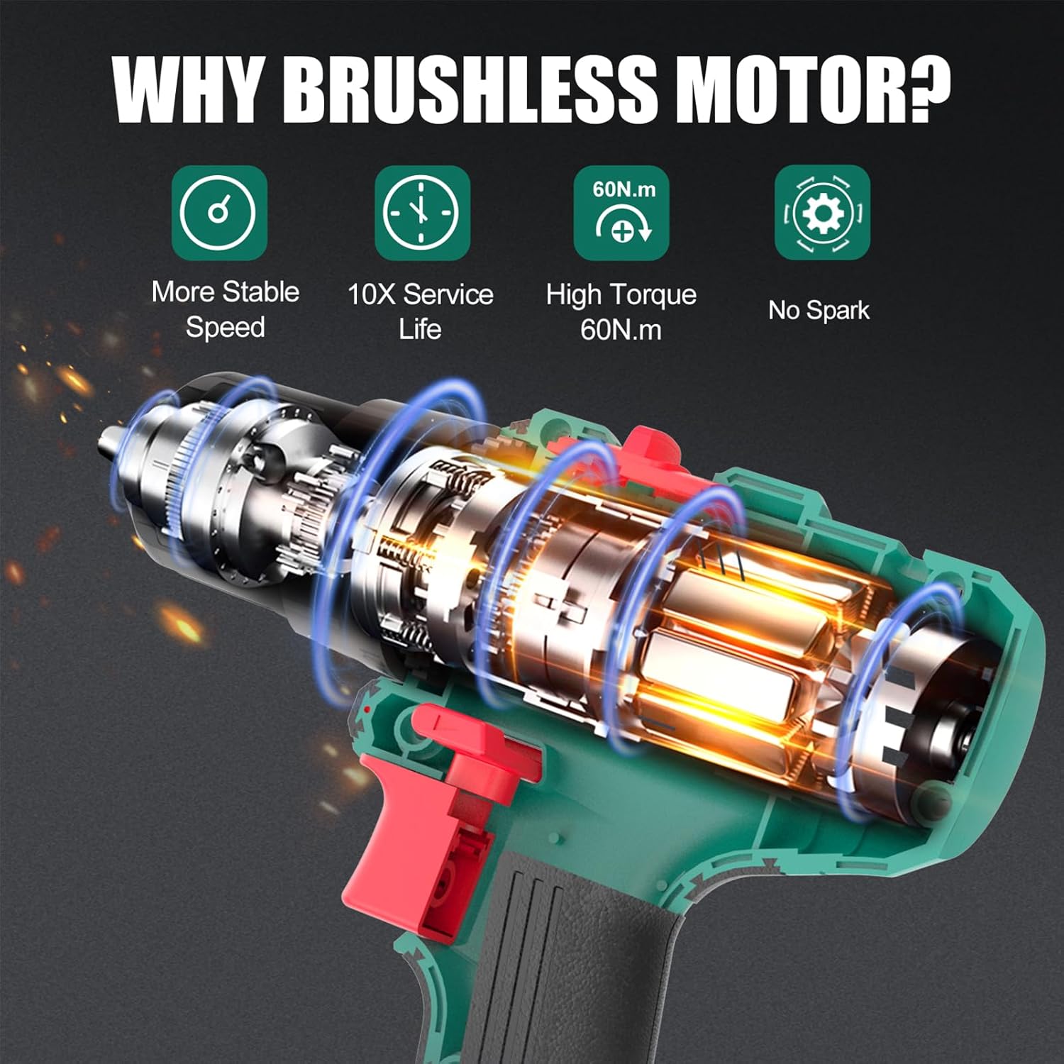 Cordless Brushless Hammer Drill Sets 18V, 60N·m Max, 2.0A Battery with  53Pcs Combi Accessories