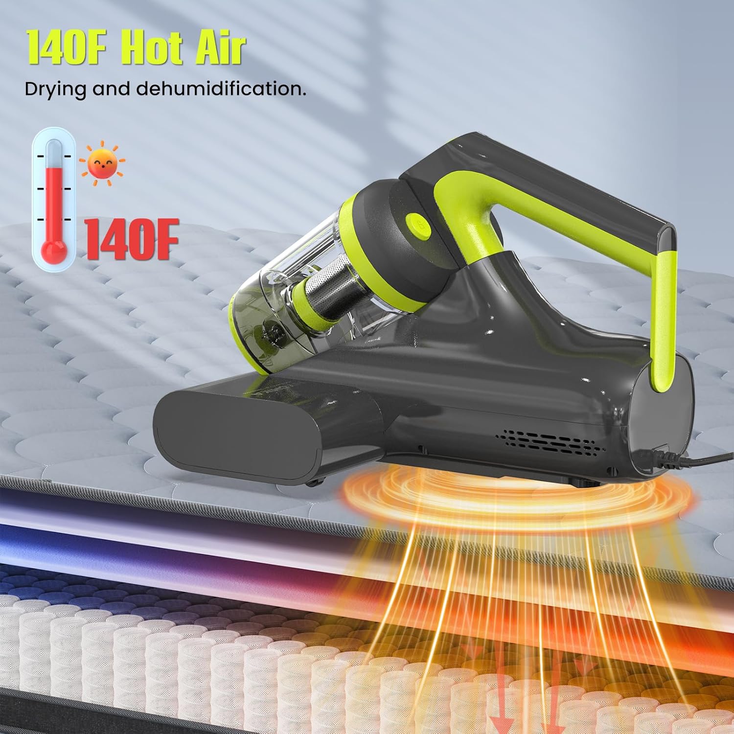 HYCHIKA 5-in-1 Mattress Vacuum Cleaner，16kPa & 36000 CPM with UV-C, Heat, Ultrasonic for Pet Hair and Debris on Bed, Sofa, Carpet