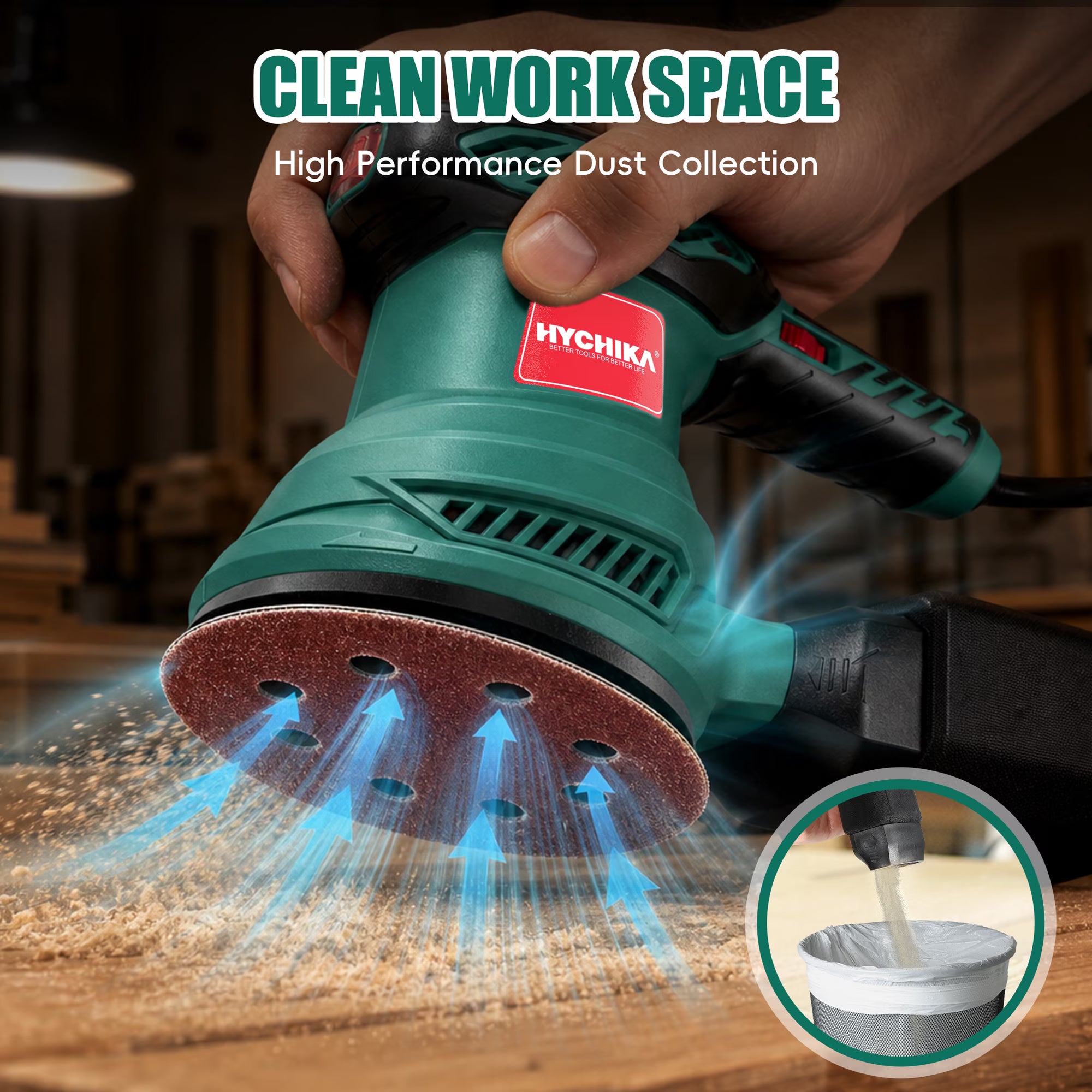HYCHIKA 5-inch Random Orbital Sander, 13000 RPM 6-Speed with 12 Sandpapers & High Performance Dust Collection System for Wood Finishing and Polishing