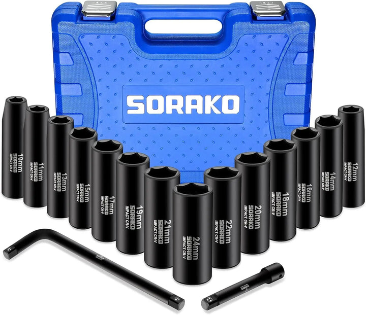 SORAKO 16-Piece 1/2” Drive Metric Deep Impact Socket Set (10-24 mm) – 6-Point Cr-V Steel Tool Kit Set with Extension Bar, L Handle, Anti-Rust Surface, Portable Case for Mechanics’ Work Tools
