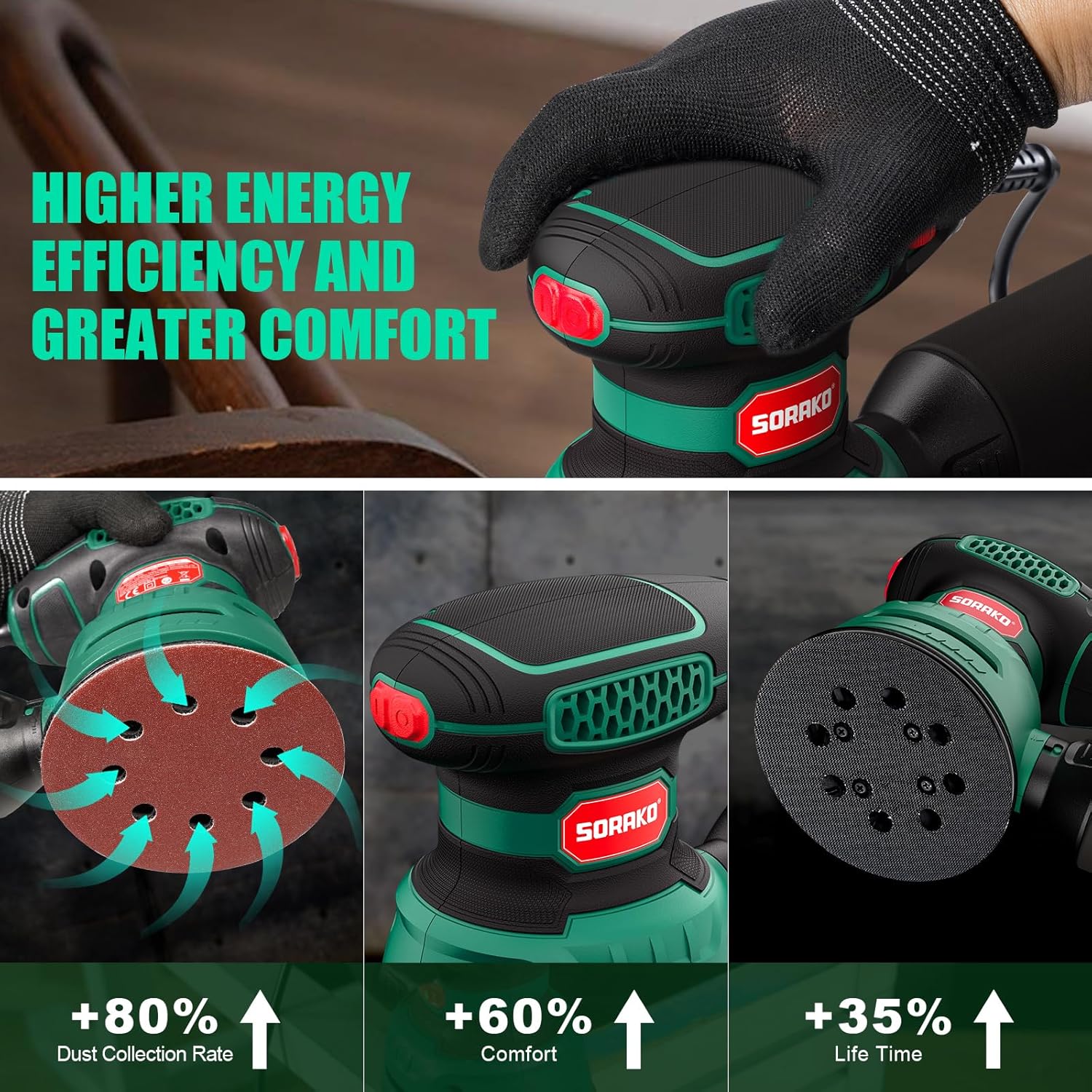 Sorako Orbital Sander 350W, 125MM Random Orbital Sander, 6 Adjustable Speeds, 16pcs Sandpaper, with Dust Collection and Quick Brake Function, for Sanding, Polishing Wood, DIY, Home Improvement
