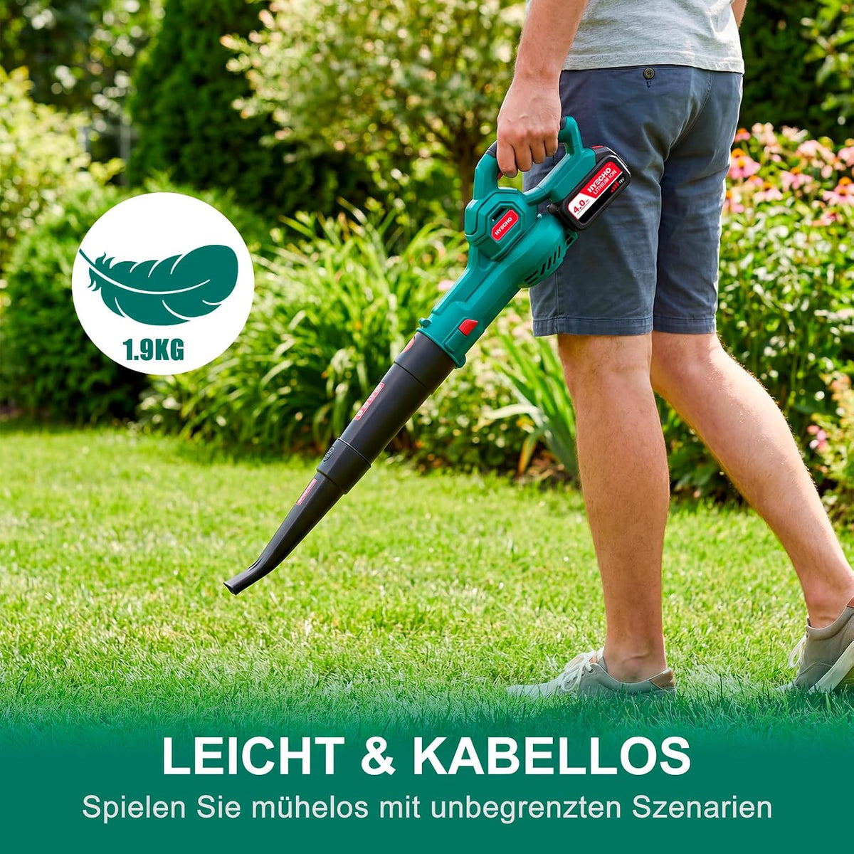 18V Cordless Leaf Blower, 223 km/h Air Speed, 4.0Ah Battery, 3 Inflation Nozzles, Ergonomic & Lightweight (1.93 kg), for Clearing Leaves & Dust in the Garden and Yard